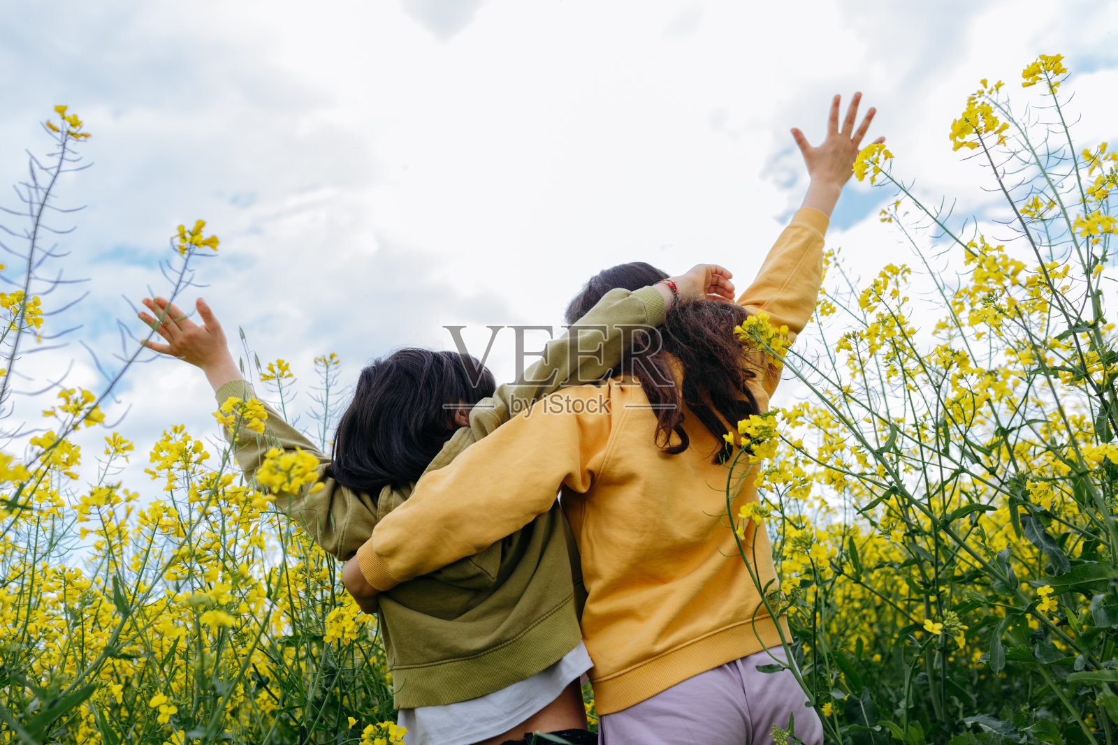 两个孩子在黄花盛开的田野里互相拥抱的背影照片摄影图片