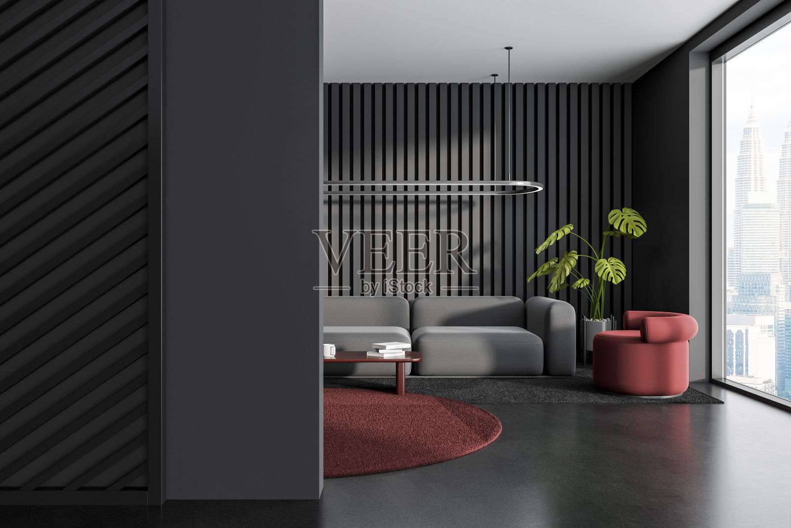 灰色的客厅，沙发，扶手椅和空白的墙壁照片摄影图片