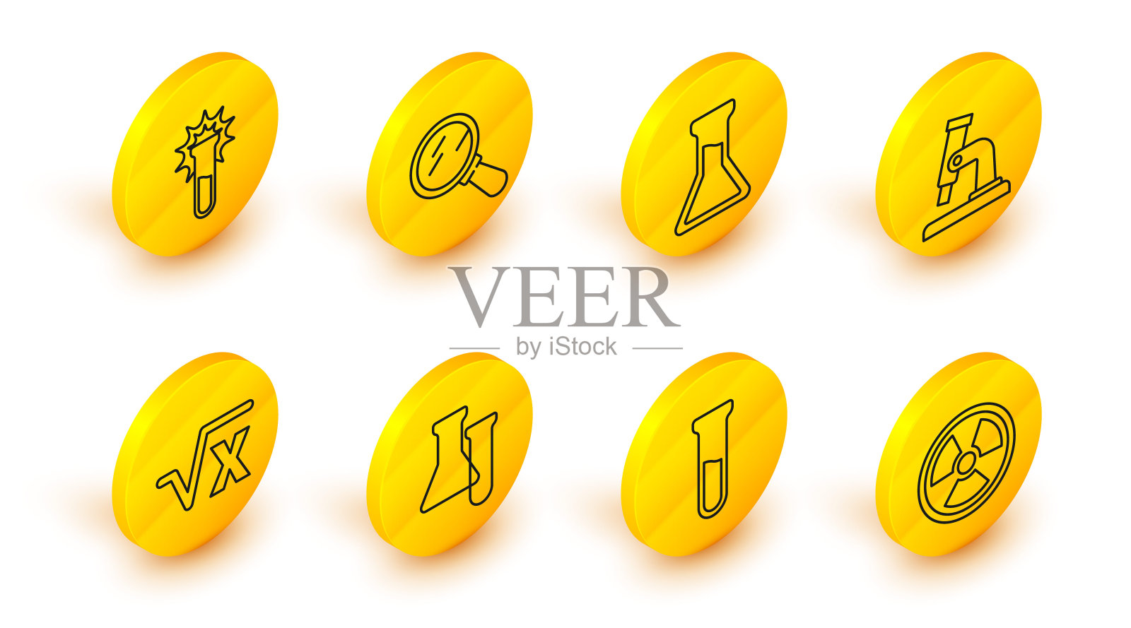 设置线放射性，试管和烧瓶，平方根x字形，显微镜，放大镜和图标。向量图标素材