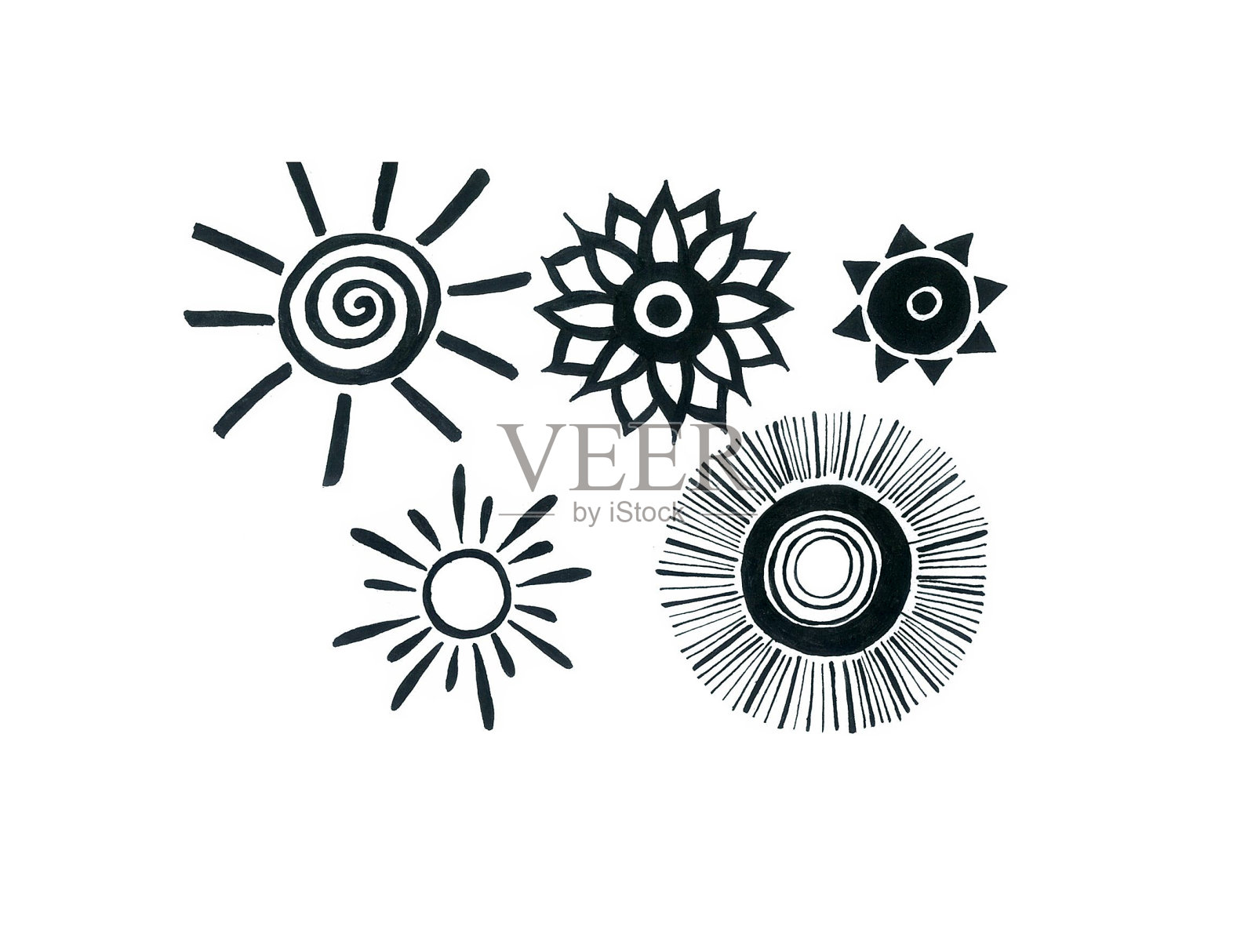 一组不同的太阳和恒星的图像。白色背景上的黑色轮廓。插画图片素材