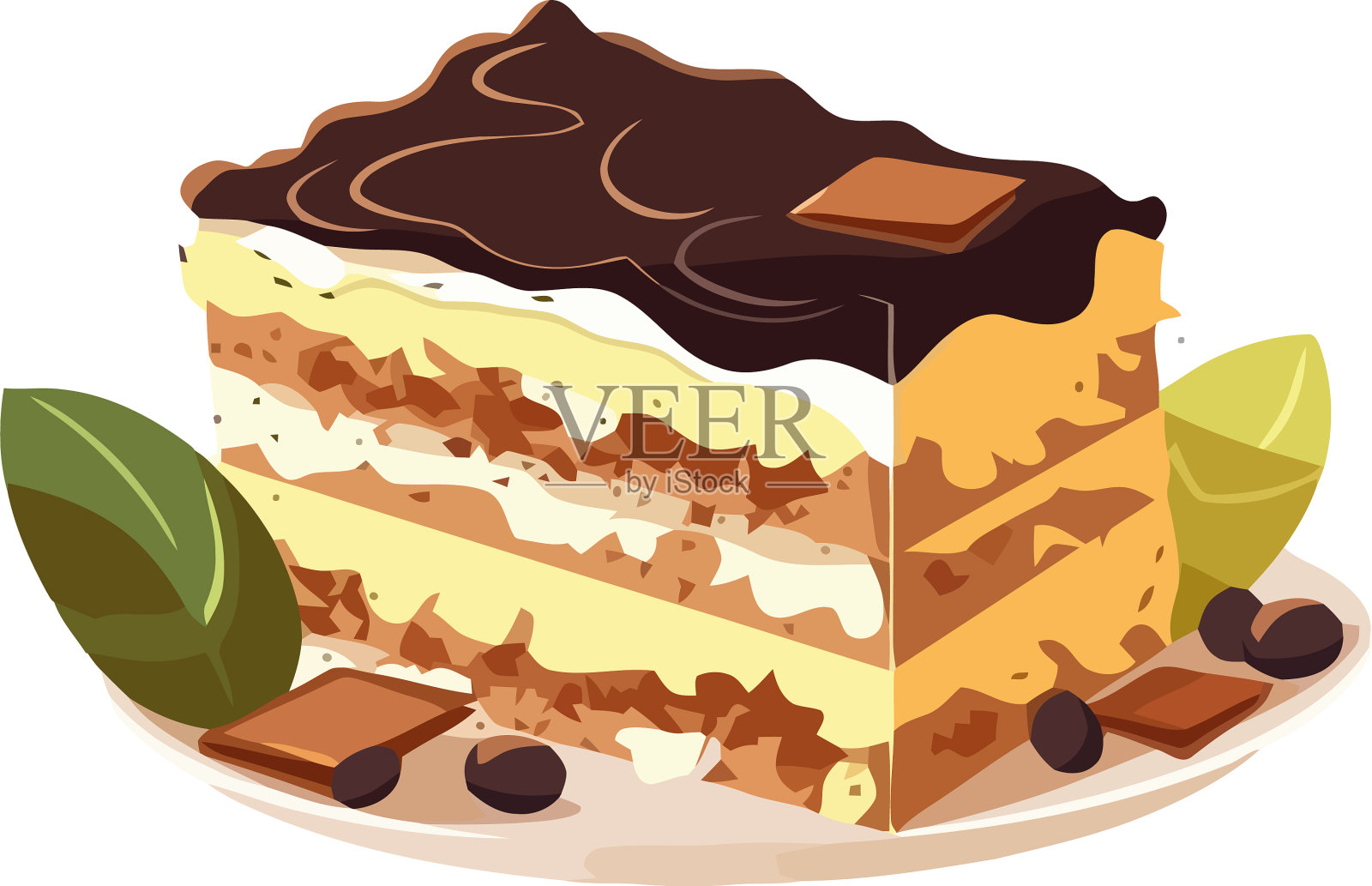 甜点巧克力分层芝士蛋糕与浆果插画图片素材
