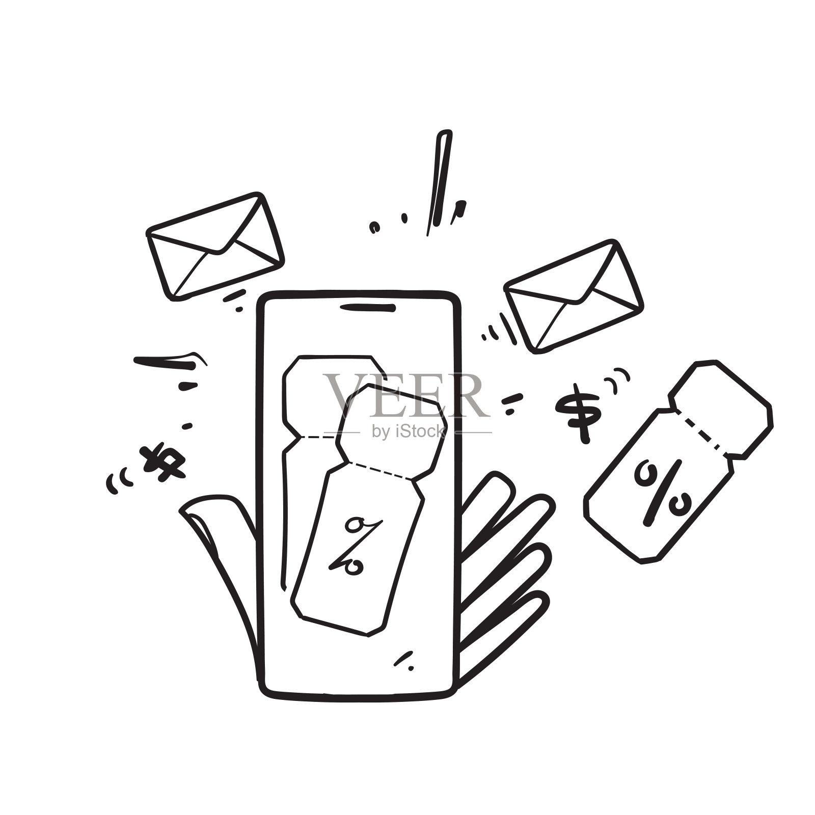 手绘涂鸦数字屏幕与优惠券折扣插图矢量插画图片素材