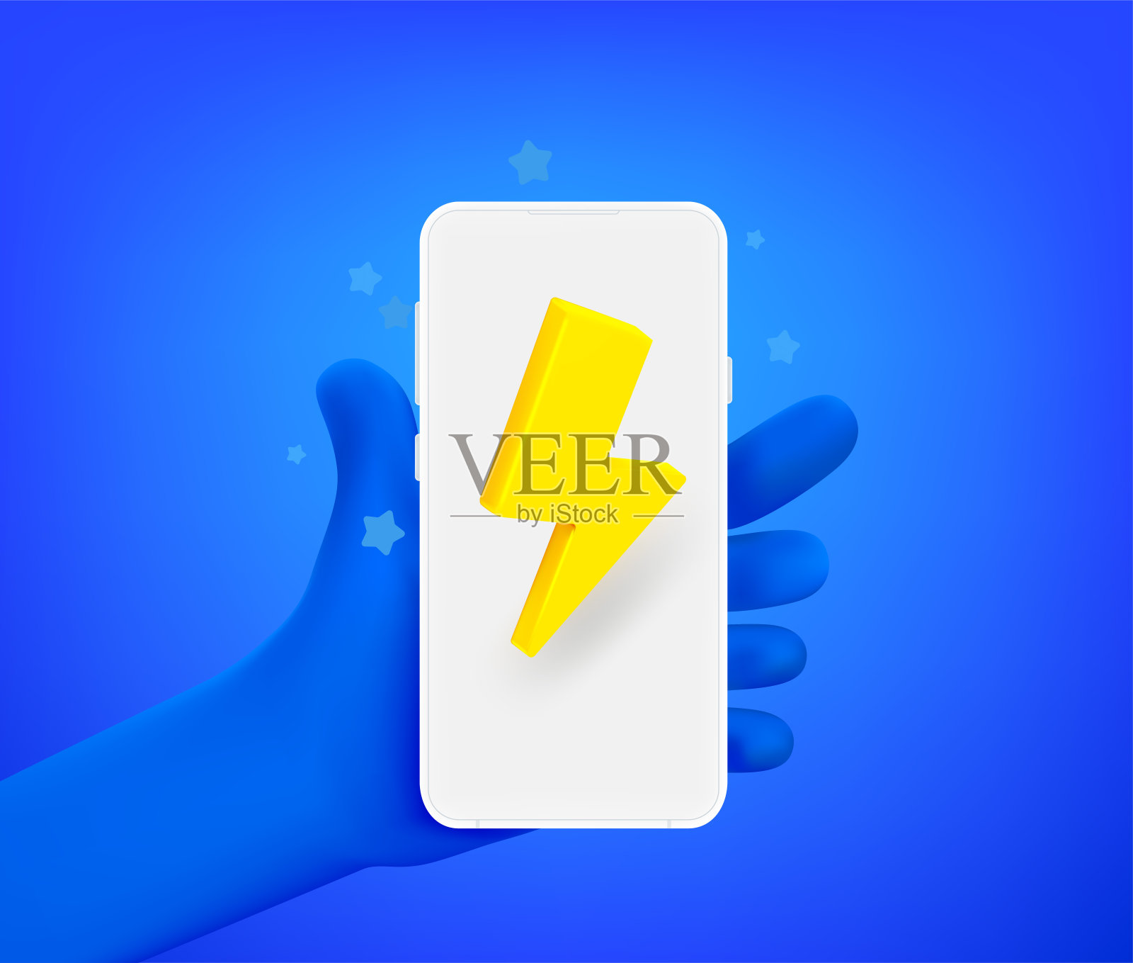 漫画手与智能手机和螺栓图标。三维矢量图插画图片素材