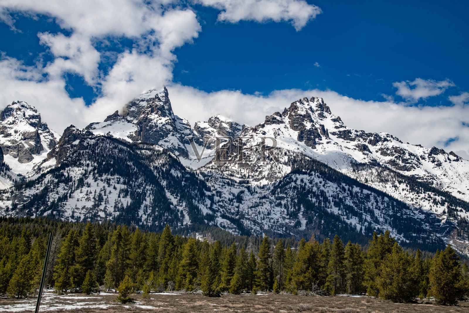 在美国西部，北美的黄石生态系统中，被雪覆盖的大提顿峰照片摄影图片
