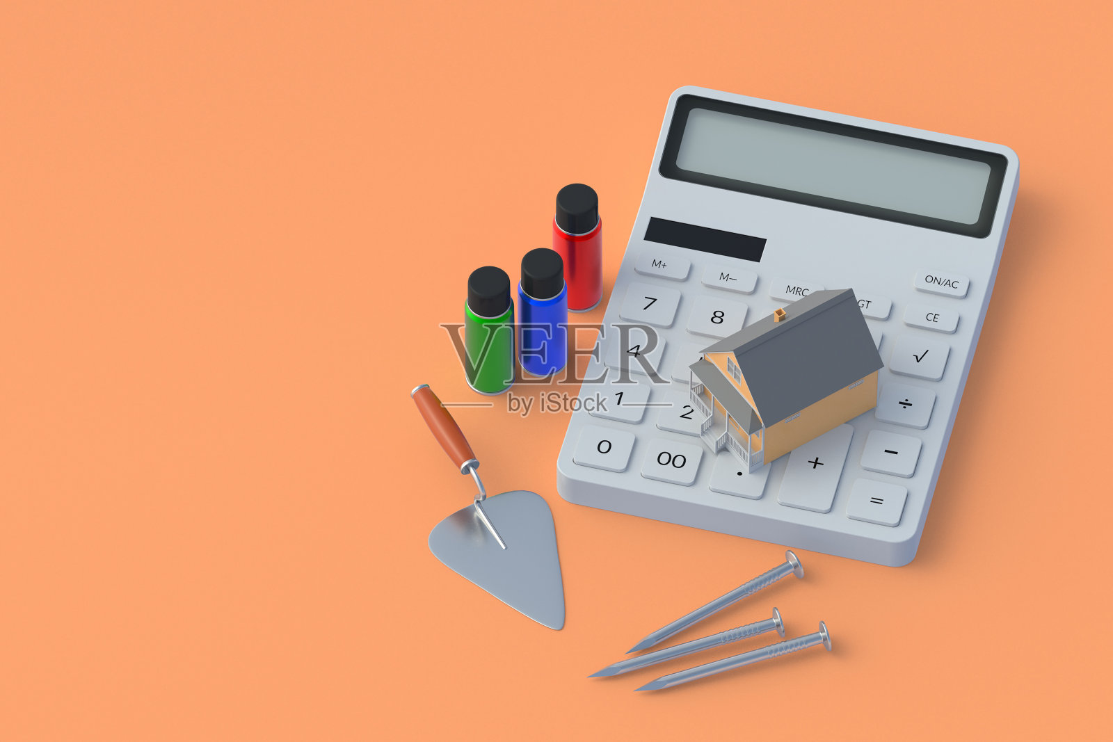 计算器靠近建筑物和工具。建设成本。修复估计。恢复价格。房地产恢复预算。采购、销售施工工具。副本的空间。三维渲染照片摄影图片