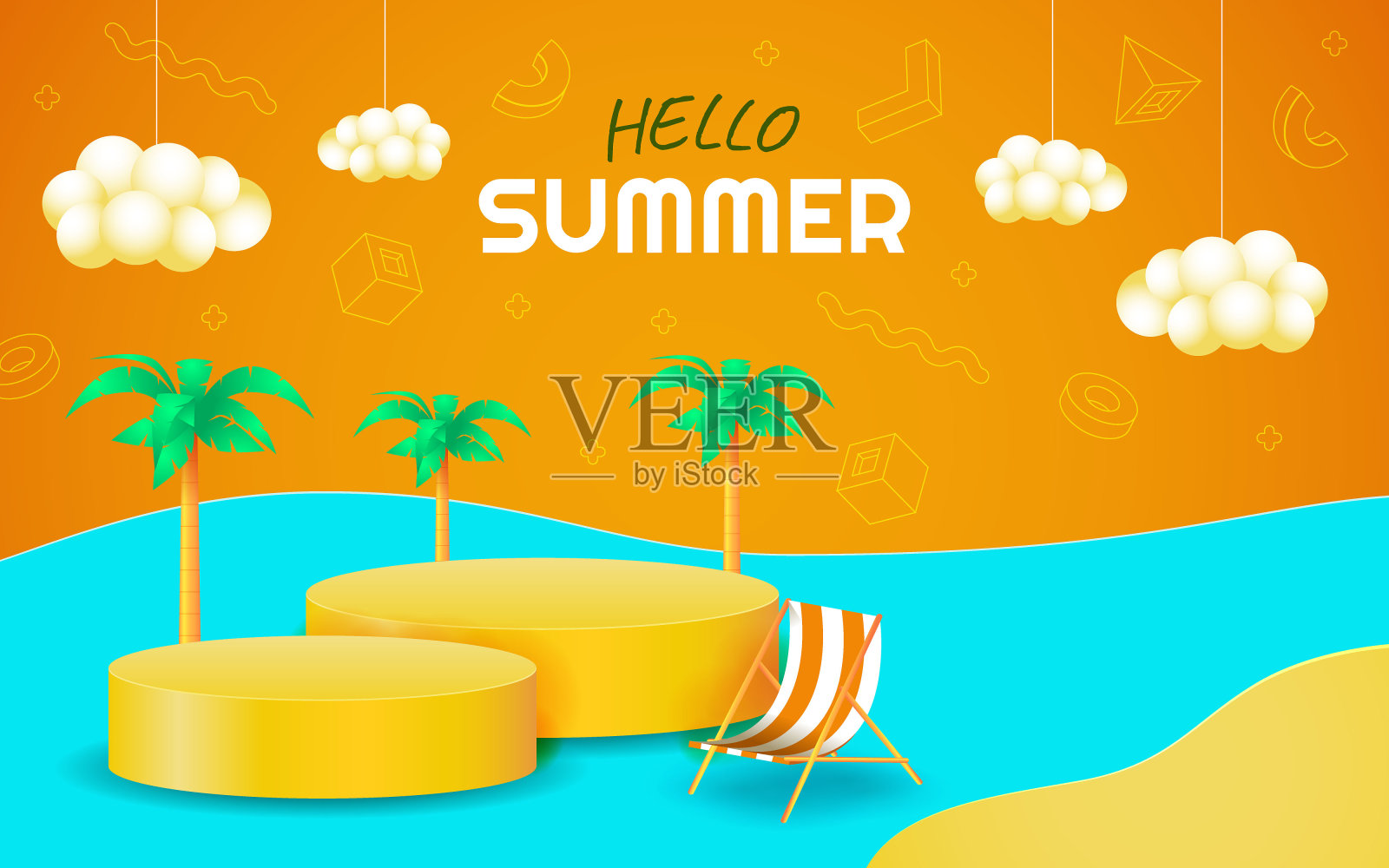 3D Hello Summer Podium Shop与90年代的彩色和几何风格的艺术插画图片素材