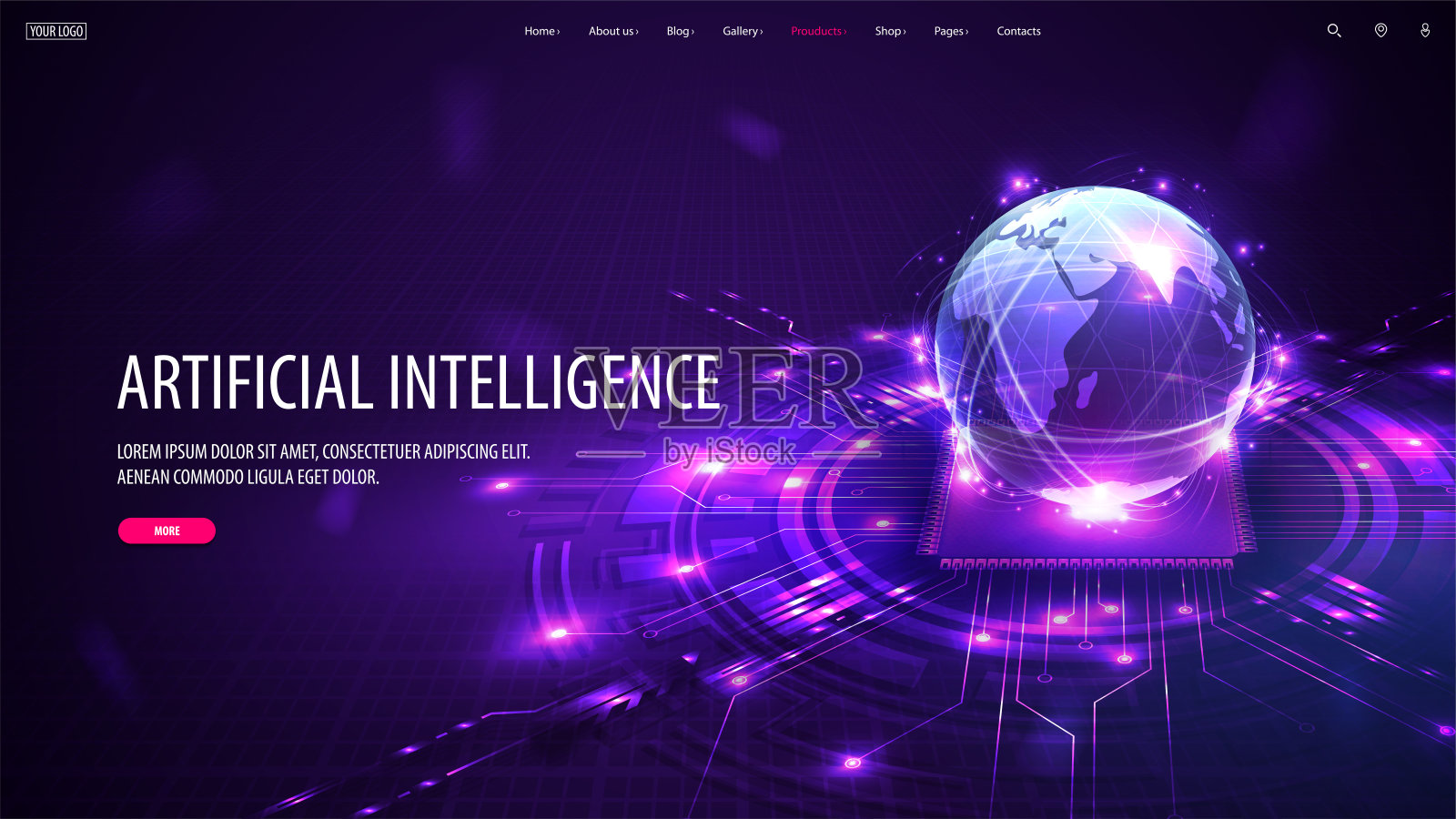 网页banner具有人工智能计算机数据库的概念。中央计算机处理器CPU在全息图像行星的形式插画图片素材