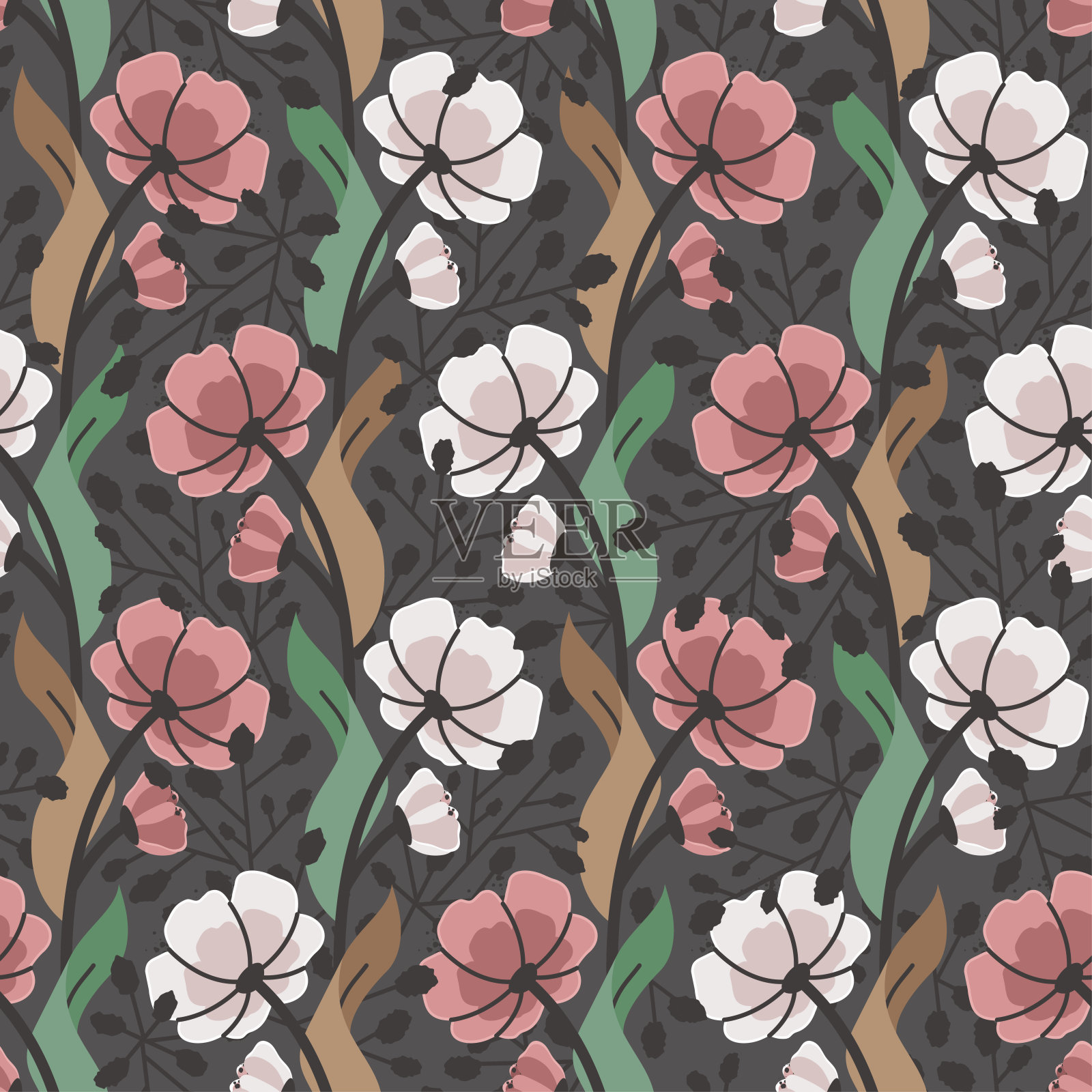 花卉花纹无缝，有盛开的野花、绿叶、一叶小草。优雅的背景包装纸，封面，织物，室内装饰，印刷品，壁纸。矢量图插画图片素材