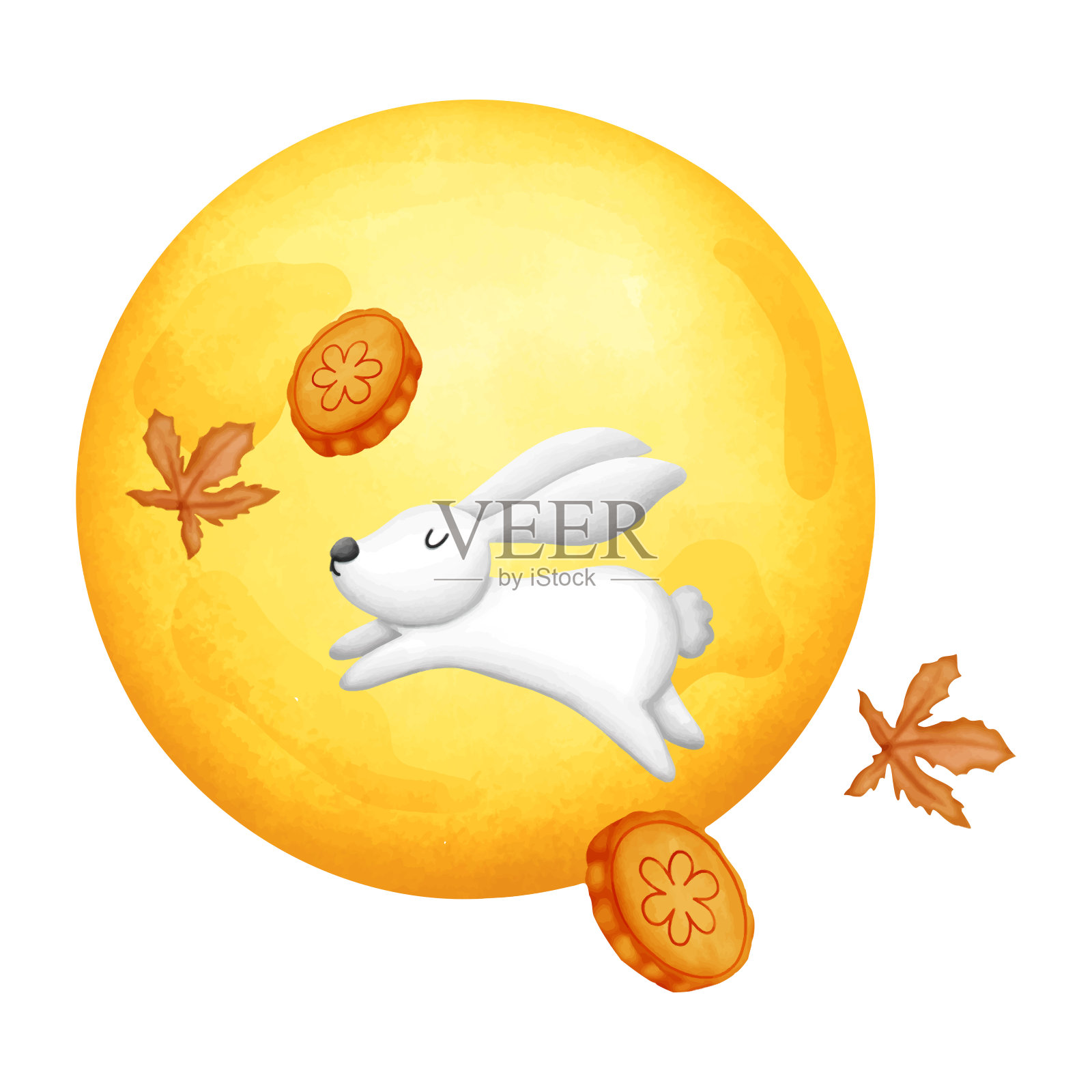 中秋元素。兔子和月饼。水彩画插图矢量设计。插画图片素材