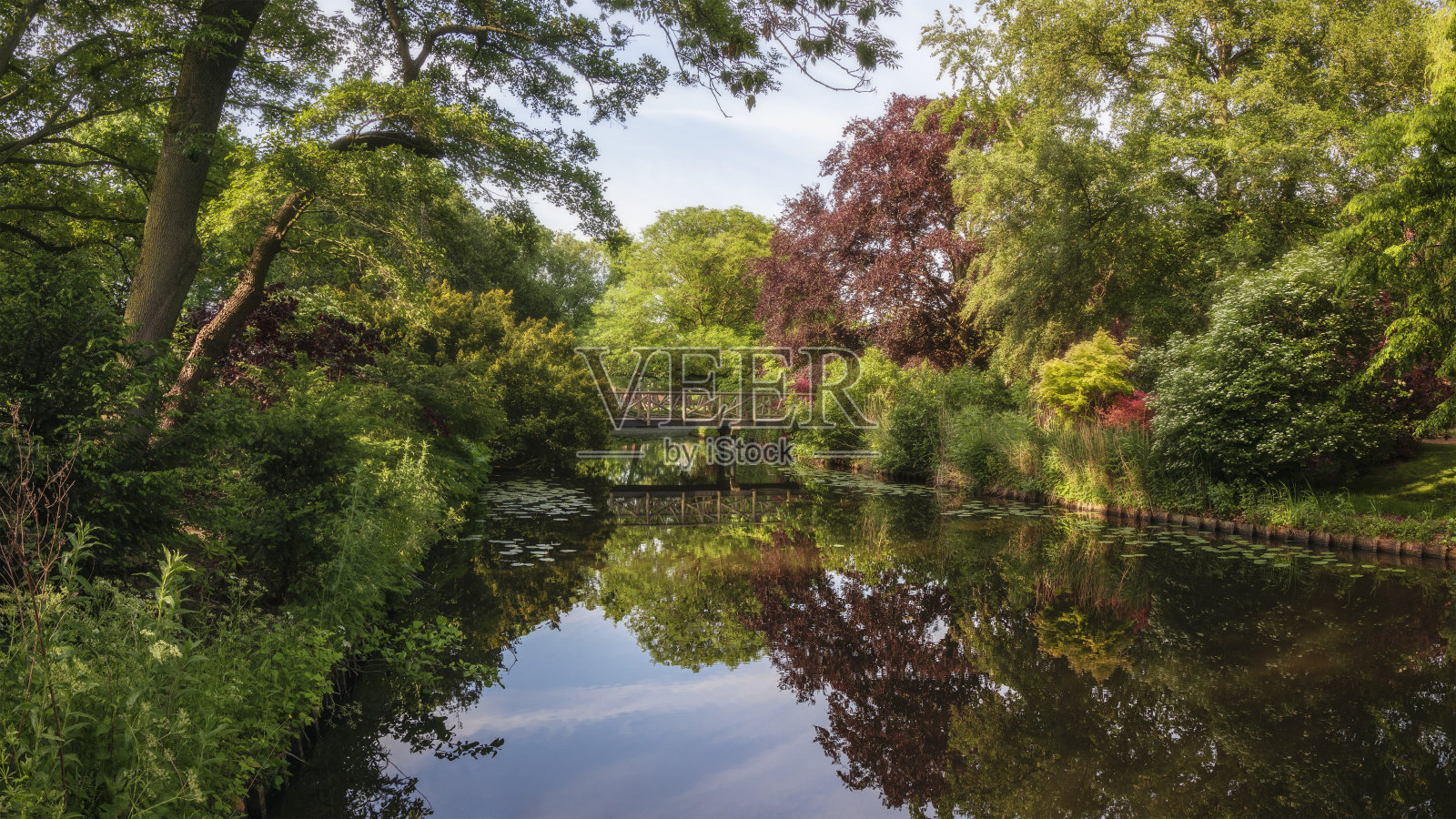 这座翻修过的历史悠久的婚礼桥位于弗拉丁根美丽的奥兰杰公园照片摄影图片