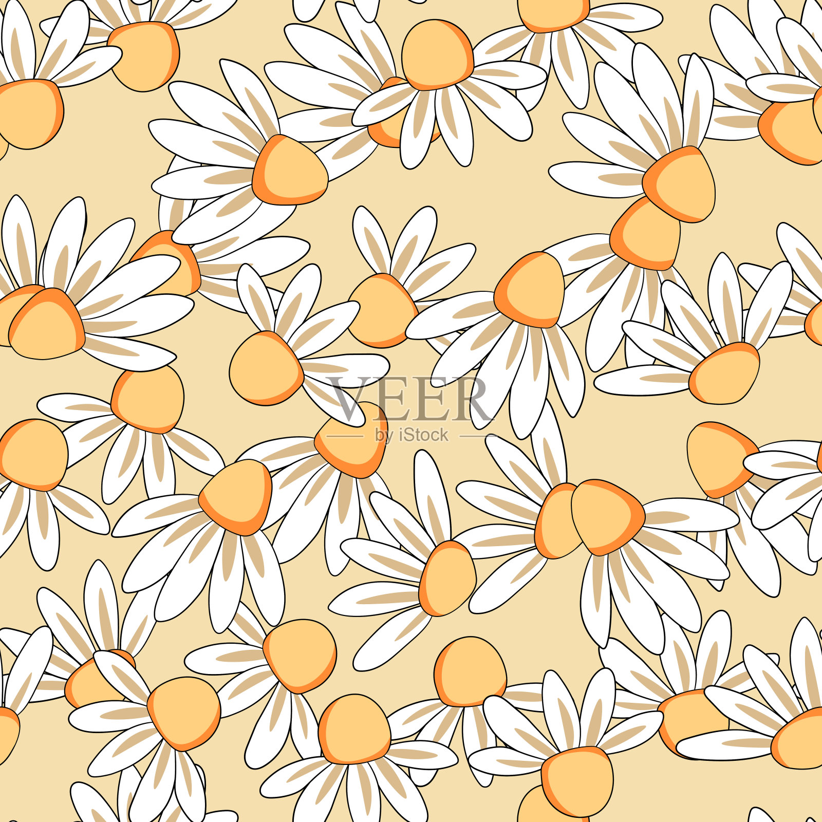 基于传统民间艺术装饰的无缝花卉图案。彩色的洋甘菊，雏菊花的彩色背景。北欧风格。矢量插图。简单简约的图案插画图片素材