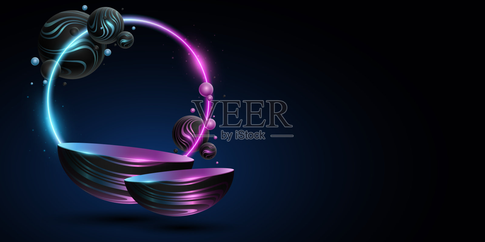 未来的讲台与发光动态3d球体纹理条纹图案。闪闪发光的霓虹灯带着神奇的尘埃。平台与飞行抽象气泡。矢量插图。插画图片素材