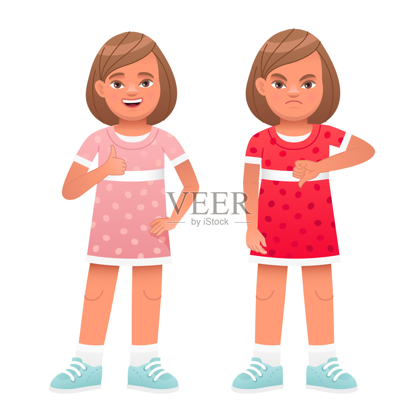 小女孩做了一个表示赞成和不赞成的手势。喜欢和不喜欢。有好有坏。插画图片素材