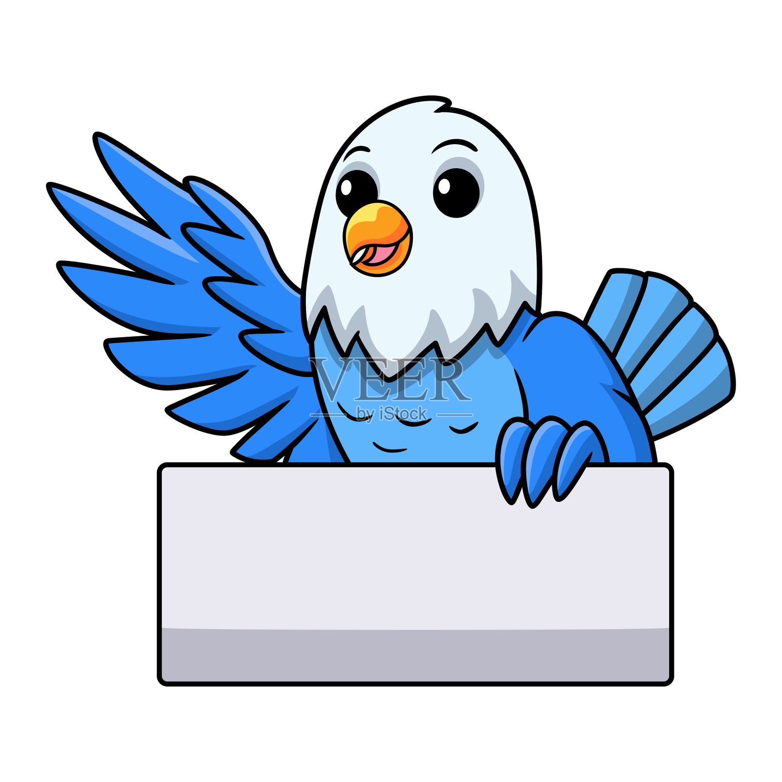 可爱的蓝色爱鸟卡通持有空白的标志插画图片素材