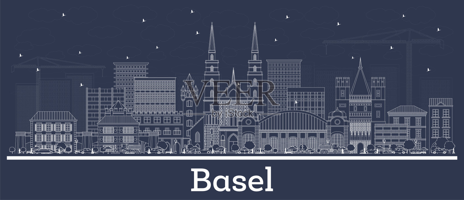 用白色建筑勾勒出瑞士巴塞尔城市的天际线。插画图片素材