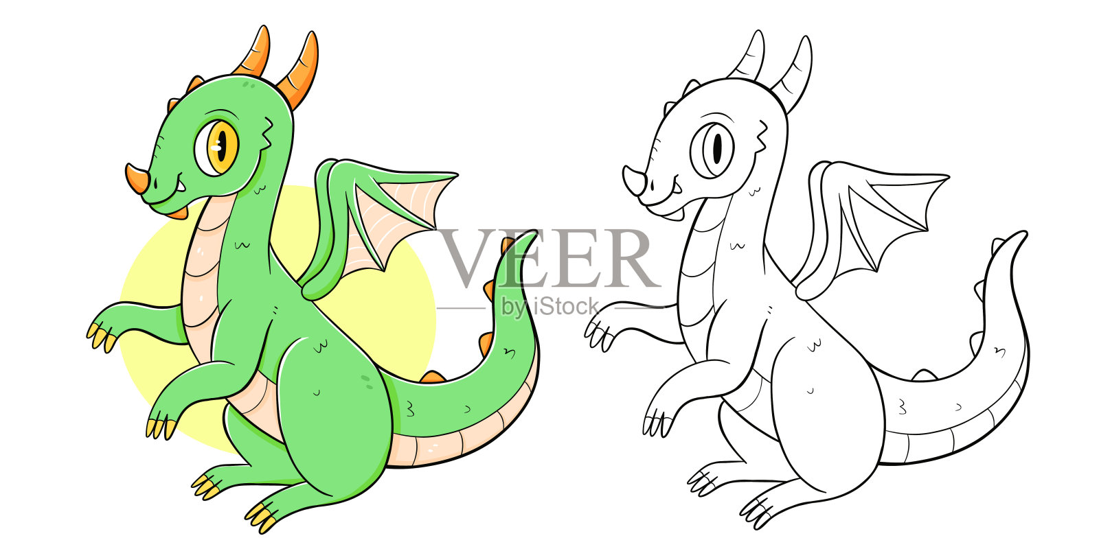 龙着色书与着色的例子，为孩子们。用龙涂色页。单色版和彩色版。矢量儿童插图。插画图片素材