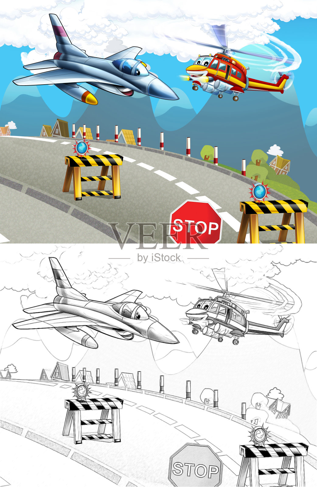 卡通快乐的场景，直升机在城市中飞行插画图片素材