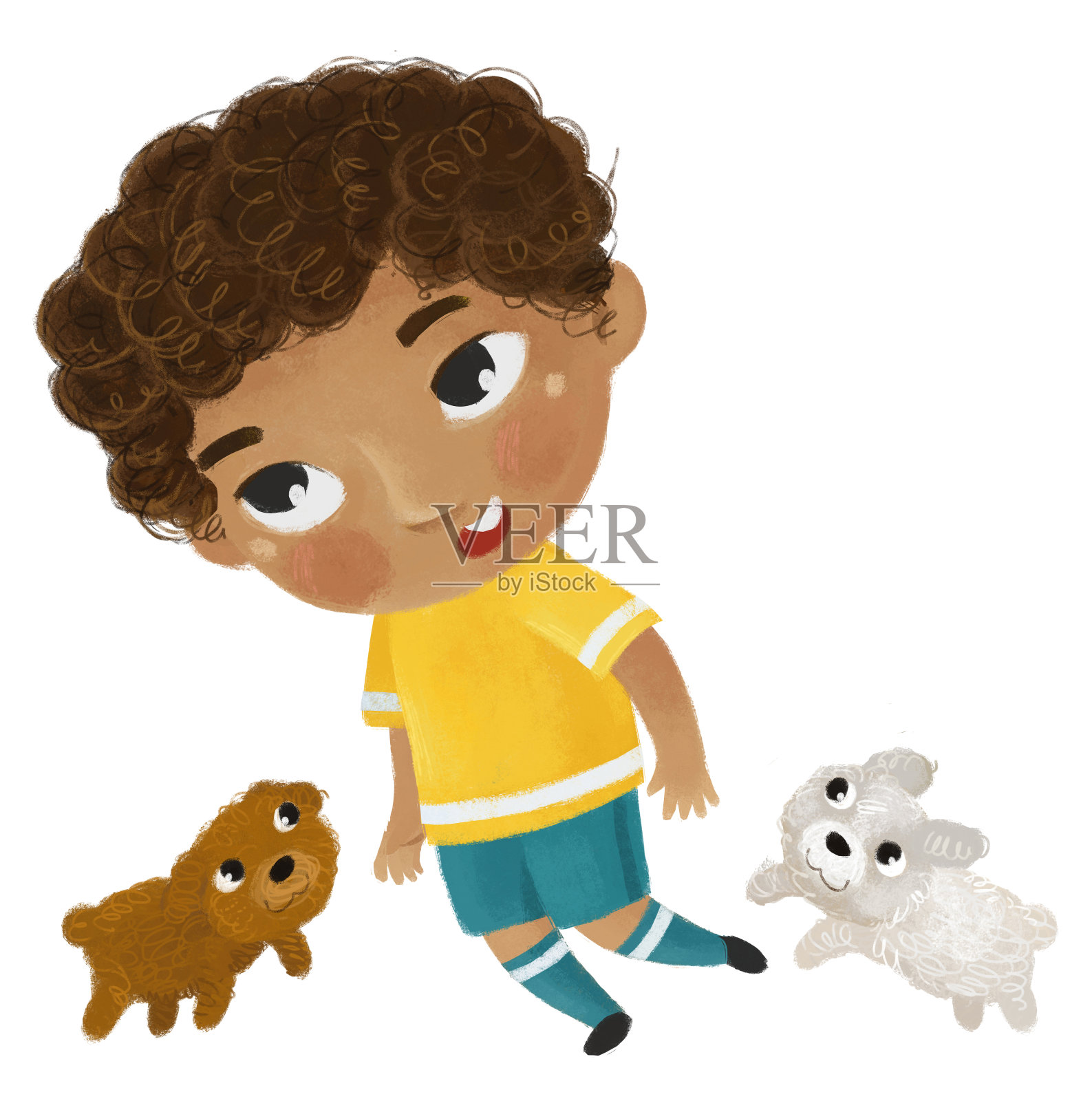 卡通场景与孩子玩跑步运动足球足球足球-插图为儿童插画图片素材