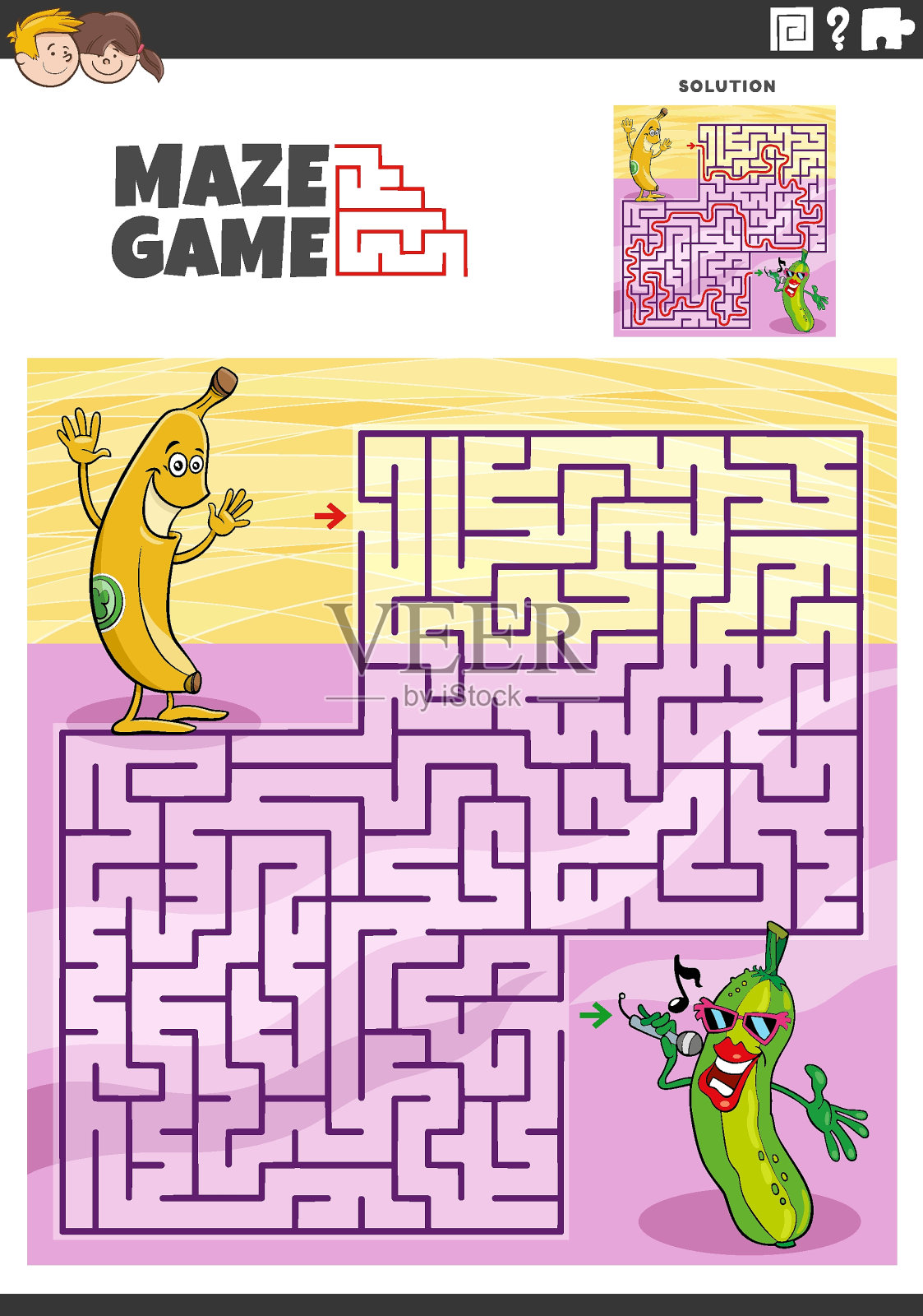 有卡通香蕉和黄瓜的迷宫游戏活动插画图片素材