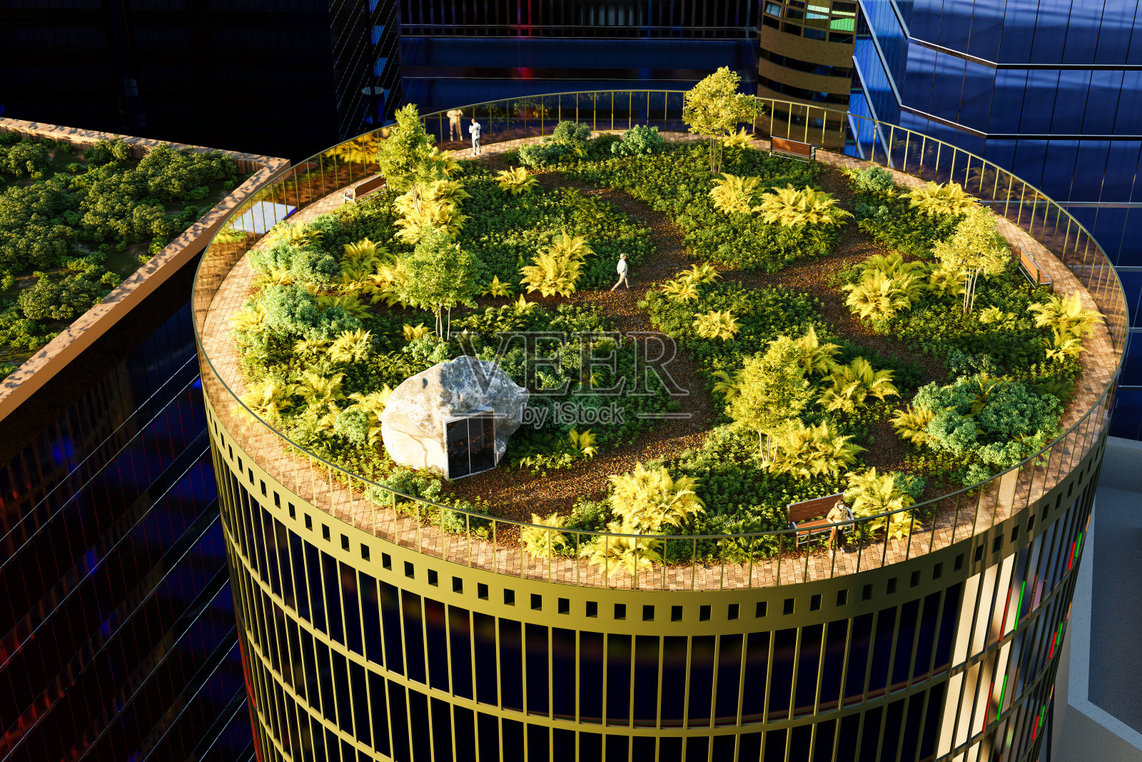 摩天大楼顶部的花园，有小路，邀请你散步和深呼吸- 3D插图照片摄影图片