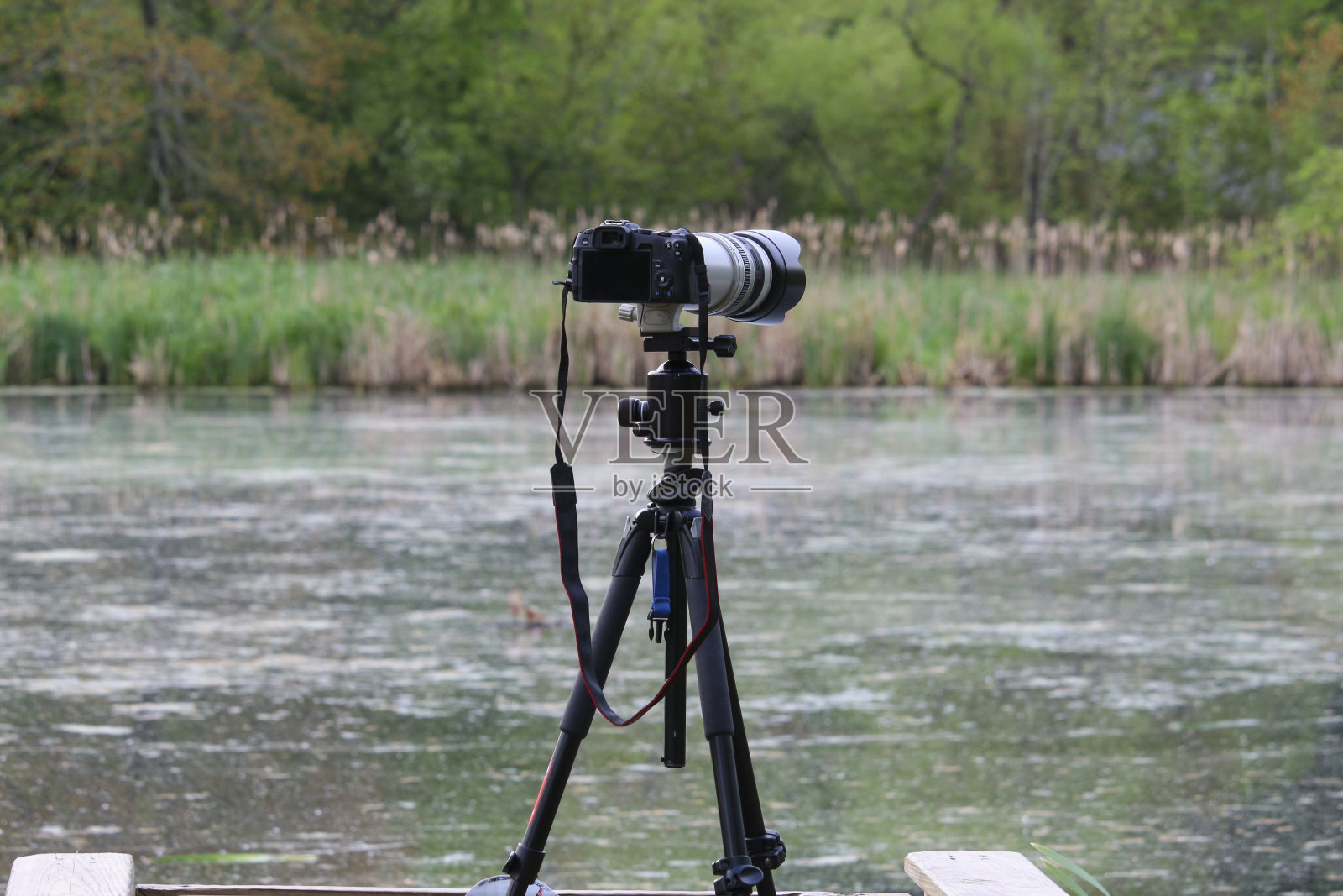 相机在三脚架上拍摄，对焦点在相机后部照片摄影图片