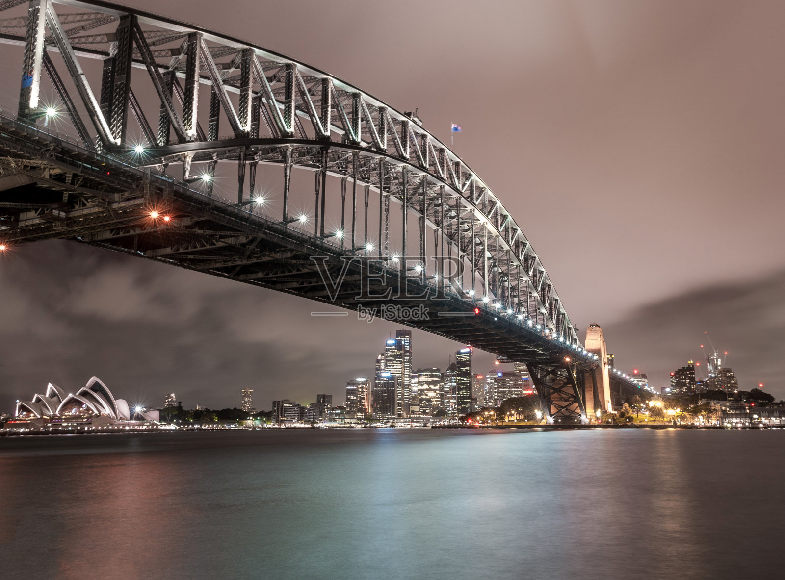 悉尼海港大桥和歌剧院的夜景。美丽的悉尼城市景观和天际线。长时间的曝光。流动的天空。澳大利亚照片摄影图片