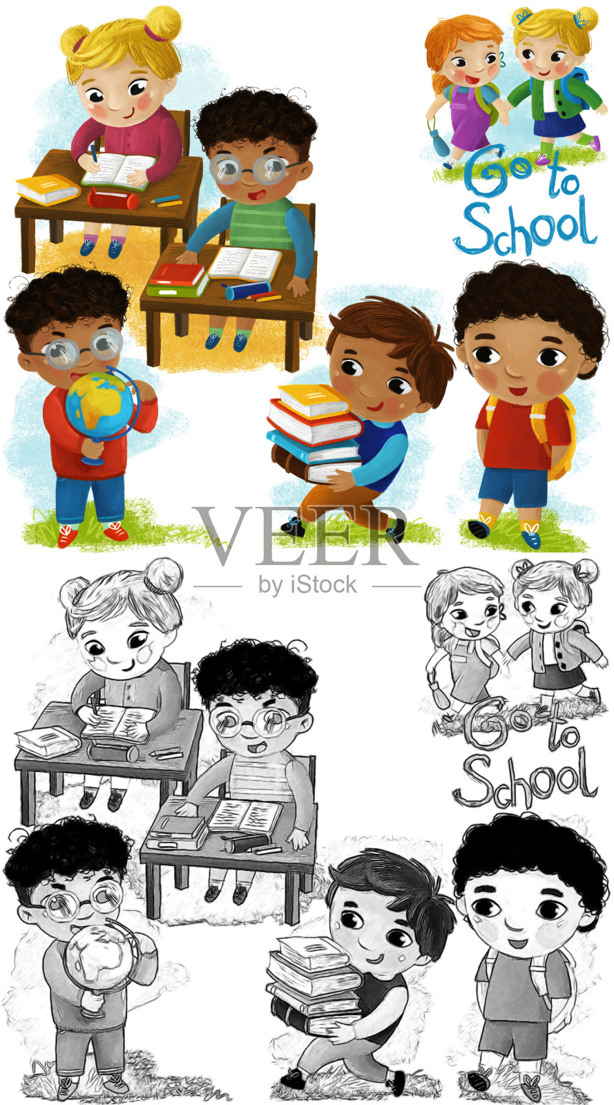 卡通场景与学校的孩子，学生们一起有乐趣的学习在白色背景插图的孩子插画图片素材