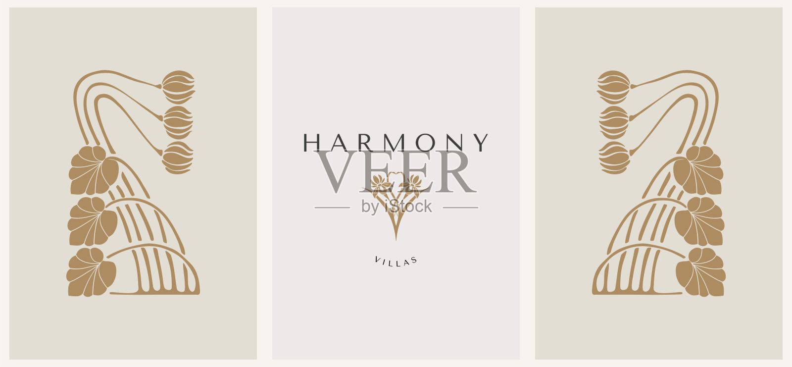 抽象的标志模板与古老的花卉装饰品。现代最小的线性图标和标志，用于社交媒体，住宿租赁和旅游服务。插画图片素材