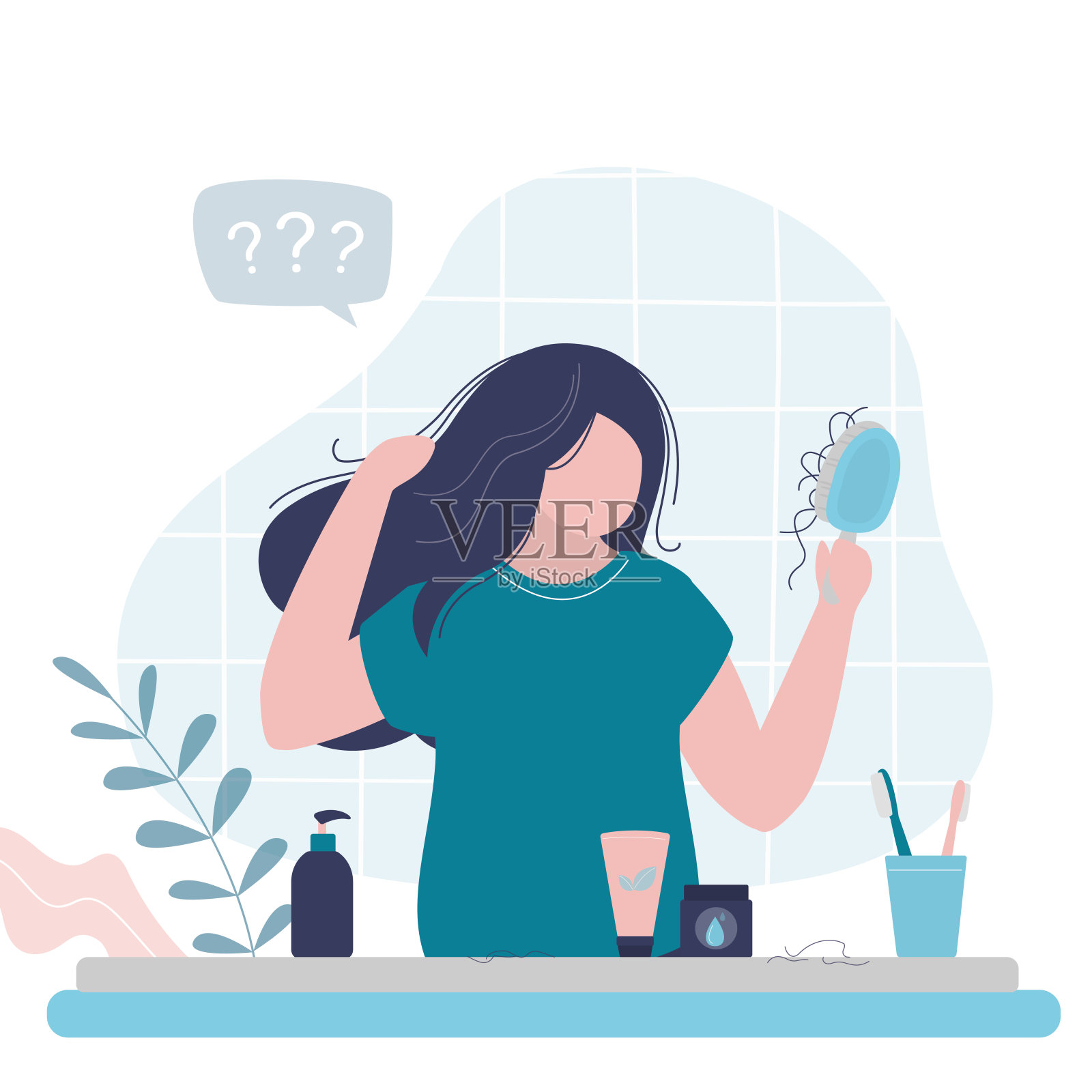 拿着梳子的女人正在遭受脱发的折磨。年轻时脱发，头发问题，秃顶。女性头发稀疏与问题、压力、荷尔蒙、营养不良有关。插画图片素材