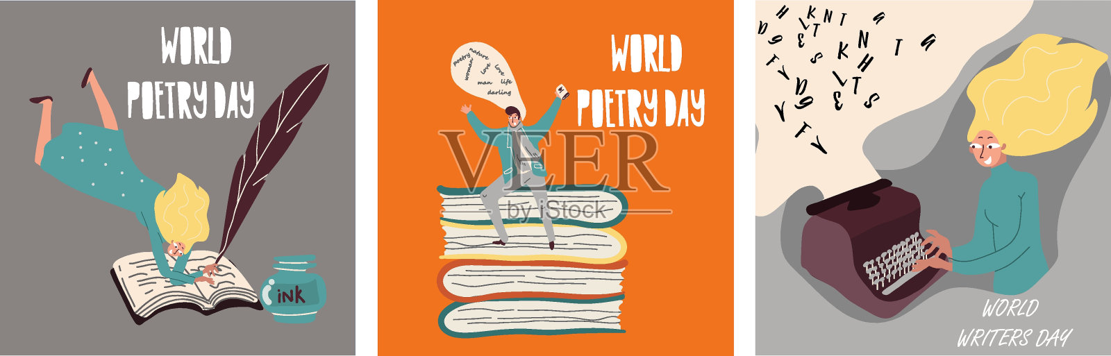 一套概念矢量插图诗歌日，3月21日，世界作家日，3月3日与打字机，钢笔和墨水瓶和手绘人物人物女人，男人。插画图片素材
