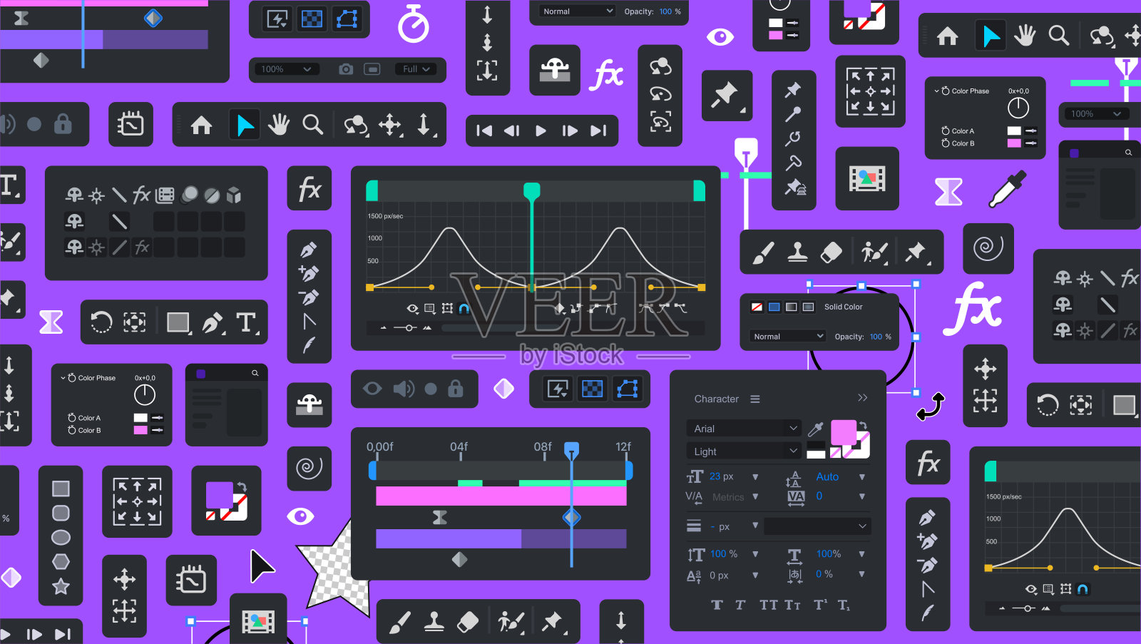 背景运动设计编辑器处理工具。工具模块。图形电影和动画编辑。UI bg。一组用于视觉效果的图标面板。Videomakers物品。FX按钮和图标。工具栏插画图片素材