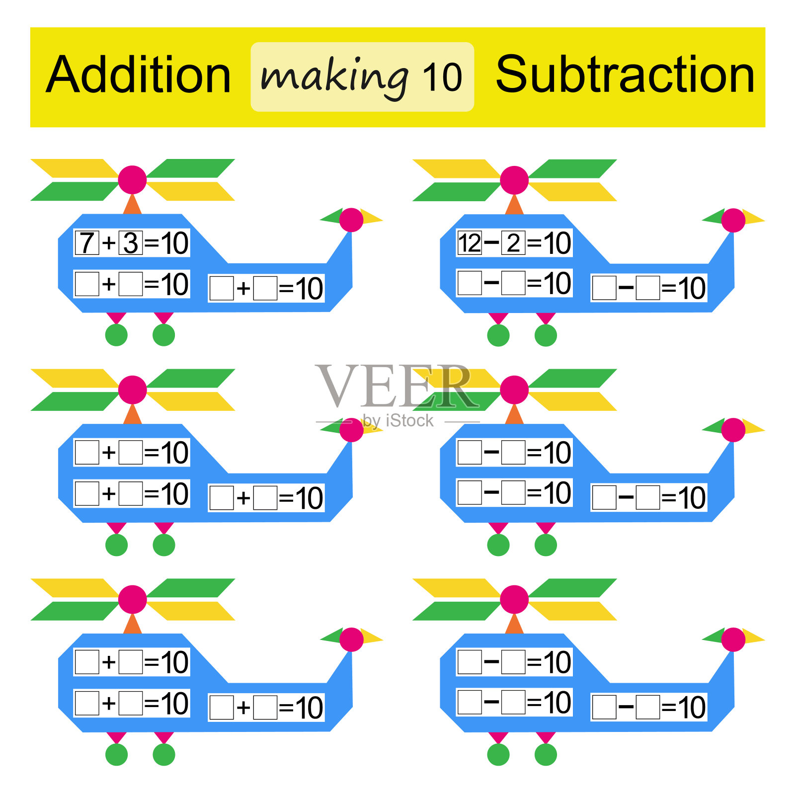 儿童数学益智游戏。加法和减法。做10。插画图片素材