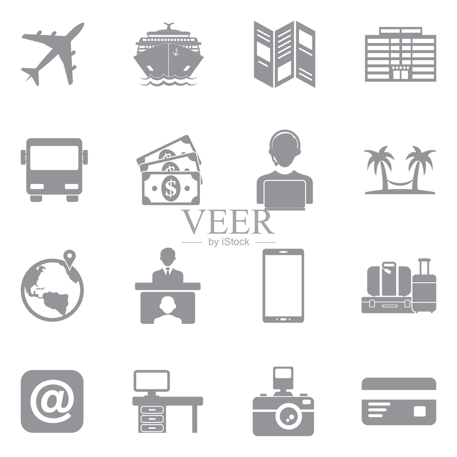 旅行社图标。灰色的平面设计。矢量插图。图标素材