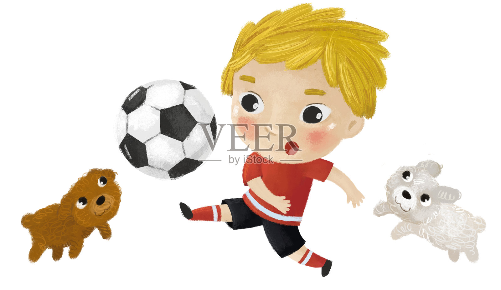 卡通场景与孩子玩跑步运动足球足球足球-插图为儿童插画图片素材