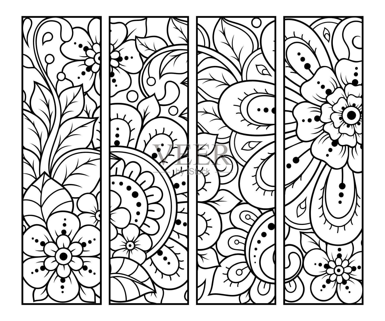 可印刷的书签书着色。一套黑白标签与花卉图案，手绘在曼赫迪风格。用彩色铅笔为儿童和成人创作的装饰品草图。插画图片素材