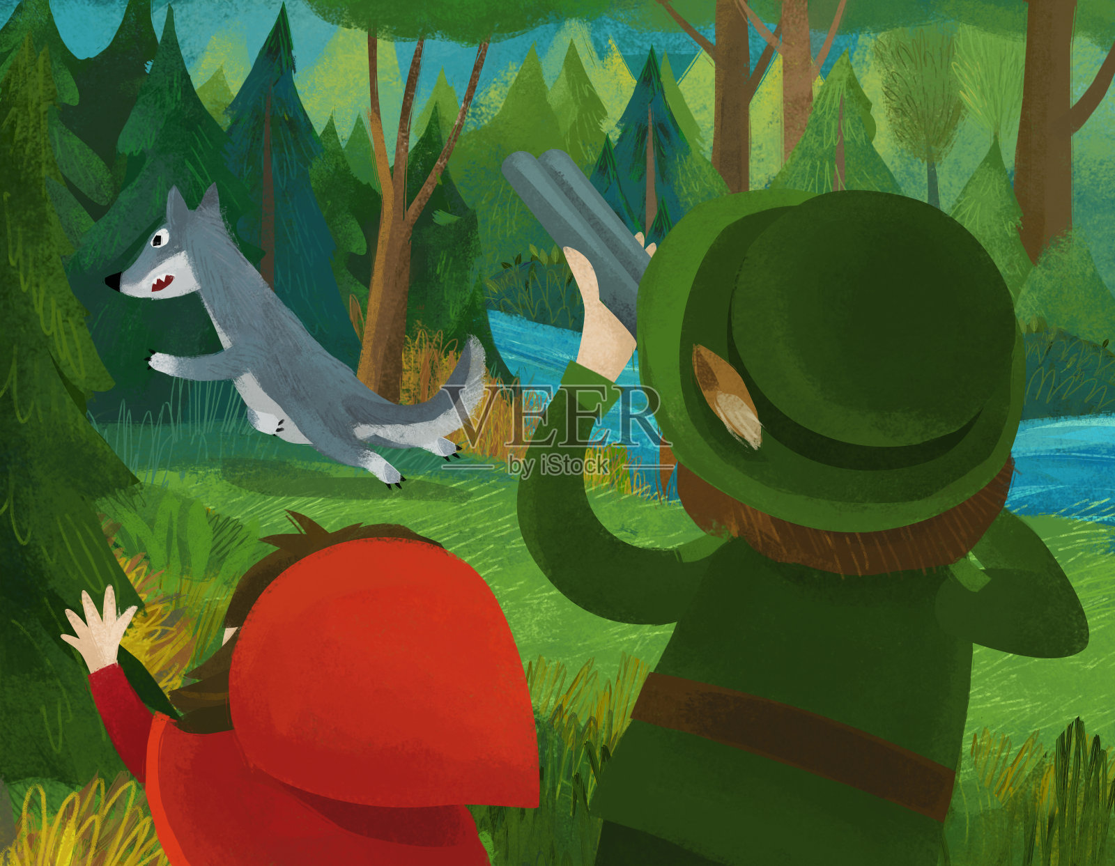 卡通场景与猎人，护林员狩猎狼在森林与小女孩插图的孩子插画图片素材