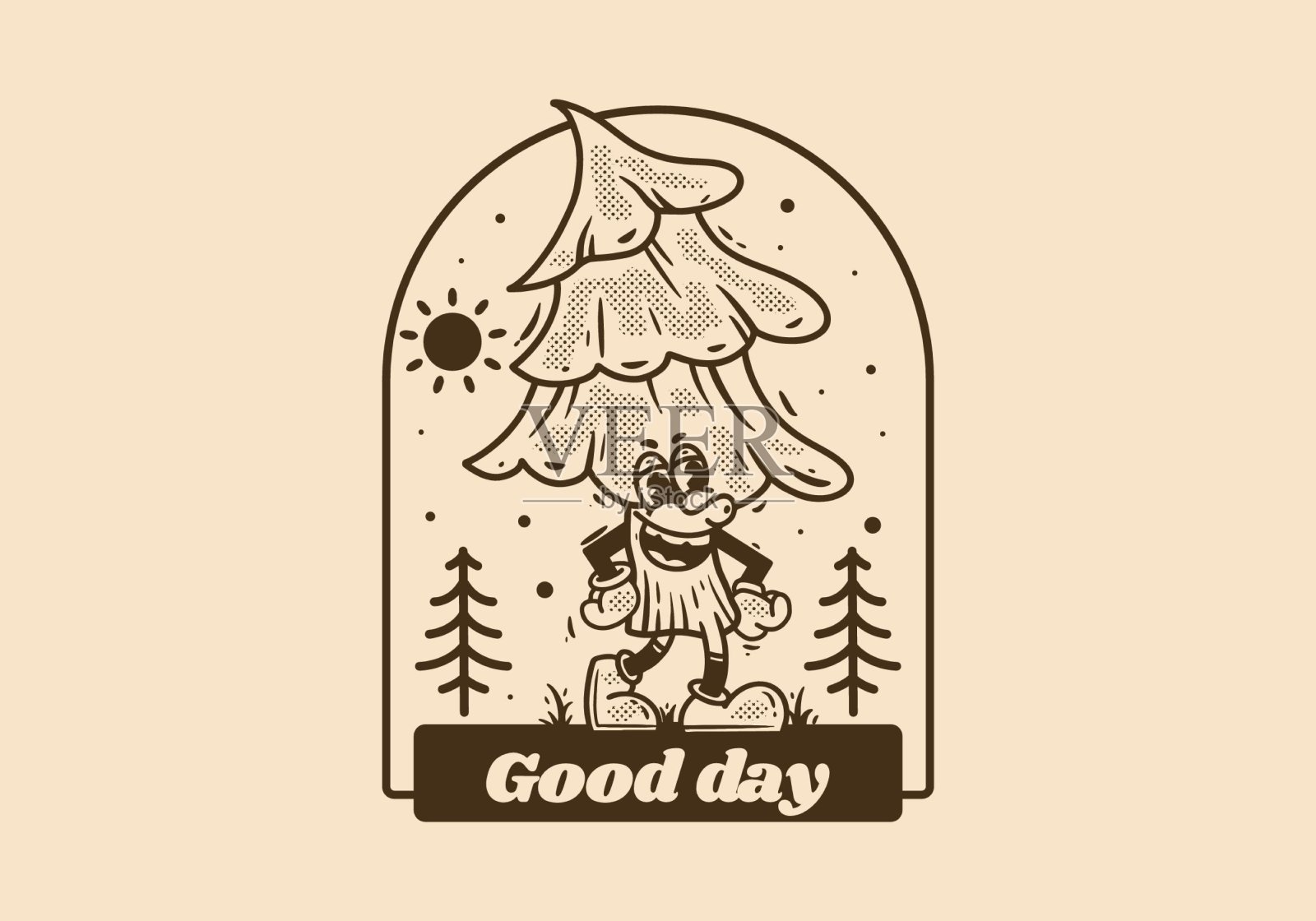 复古风格的松树吉祥物插画图片素材