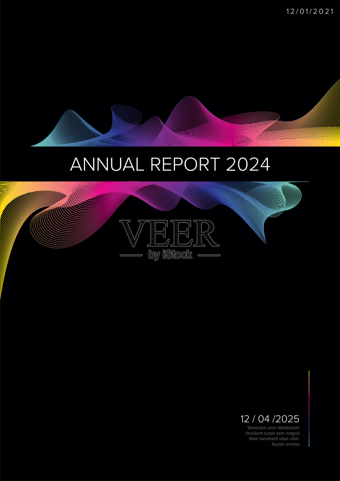 年度黑色纸极简报告封面模板与彩色曲线插画图片素材