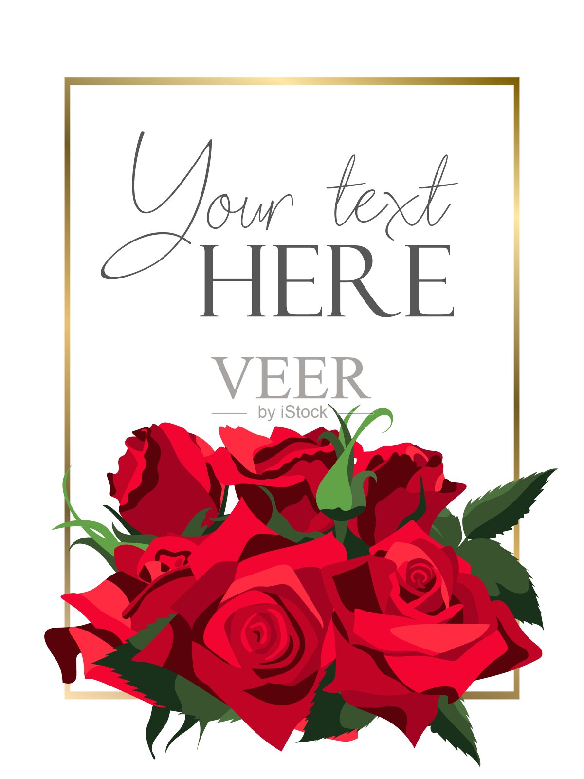 平面风格的背景模板与红玫瑰束在白色背景与金色框架插画图片素材