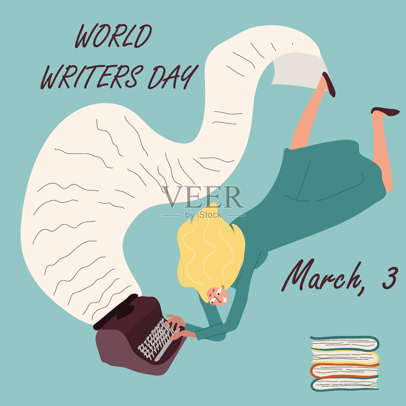 3月21日诗歌日，3月3日世界作家日，使用打字机的概念卡通矢量插图。插画图片素材