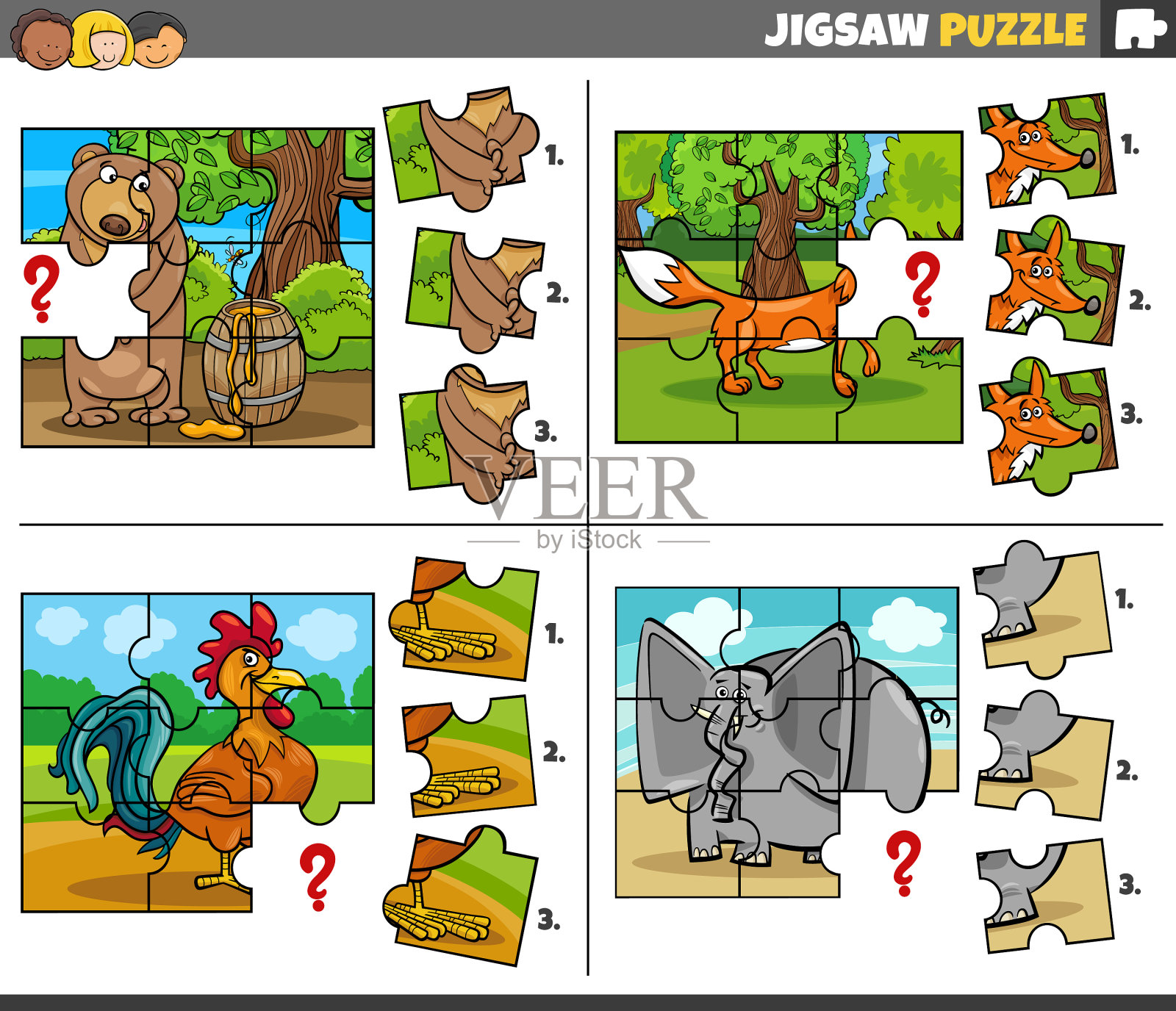 拼图游戏集与卡通动物插画图片素材