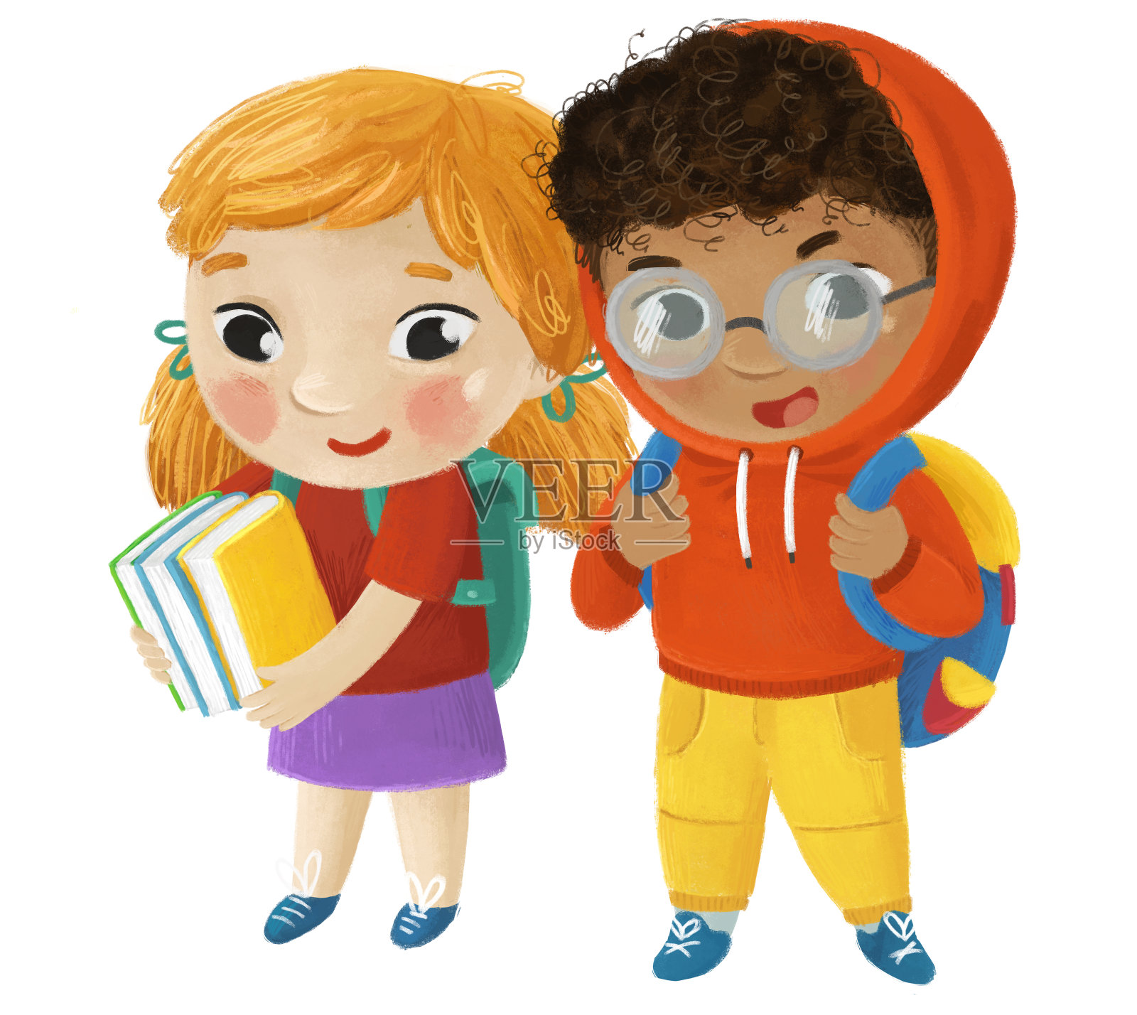 卡通孩子孩子男孩和女孩小学生去学校学习儿童童年插图插画图片素材