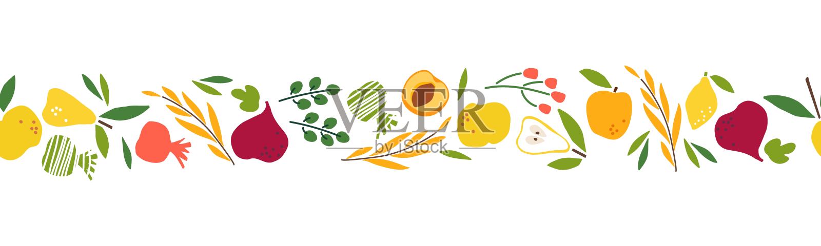 与水果和蔬菜无缝边界。新鲜天然有机食品，用于菜单、农产品设计、市场、素食店、贺卡和邀请、夏季聚会。烹饪材料插画图片素材