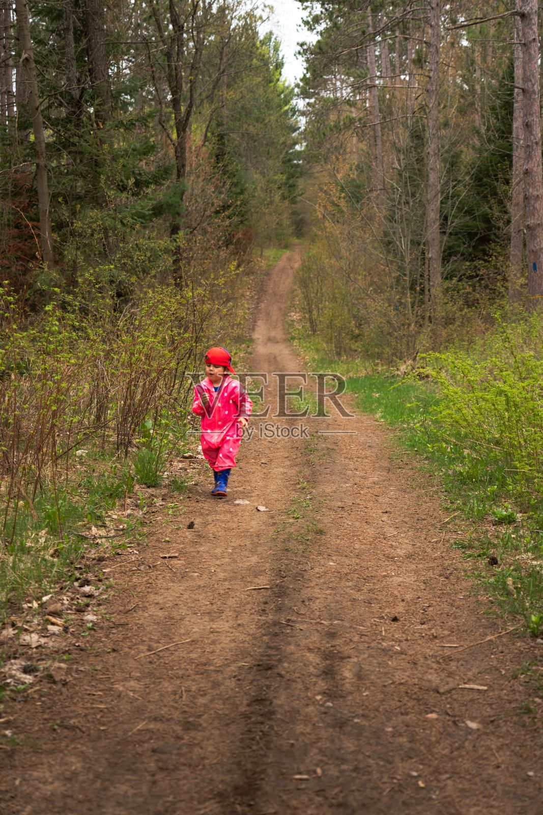 一个穿着红色连体雨衣的孩子走在森林里的小路上。巴里，安大略省，加拿大。照片摄影图片