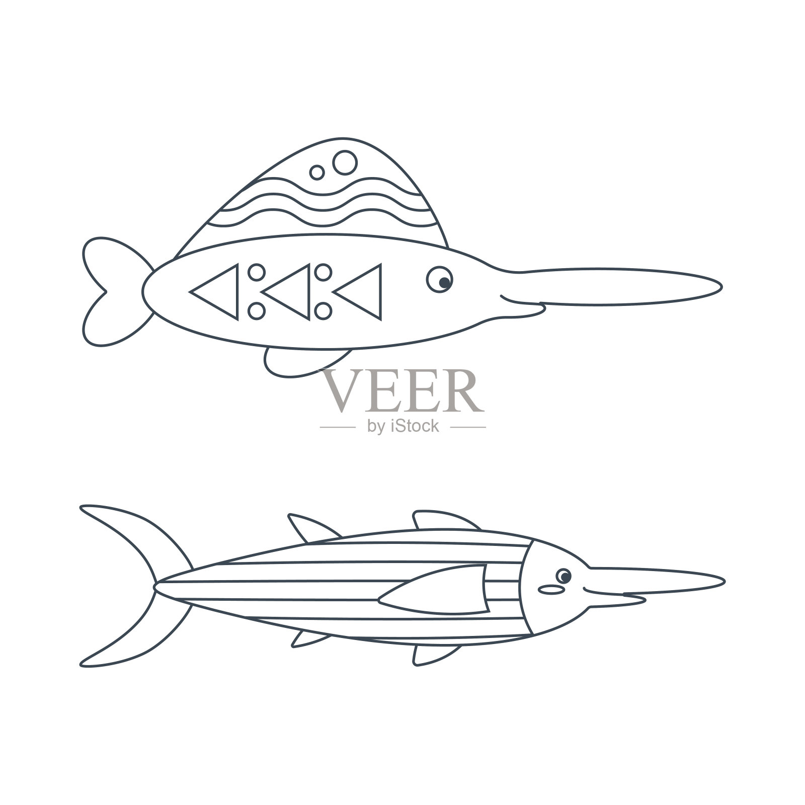 一套海洋剑鱼元素在平面卡通风格。线的艺术。插画图片素材