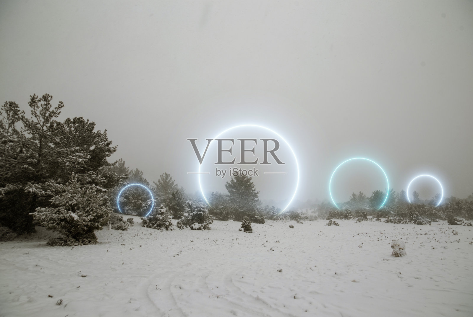 令人惊叹的圆圈霓虹灯在雪景照片摄影图片