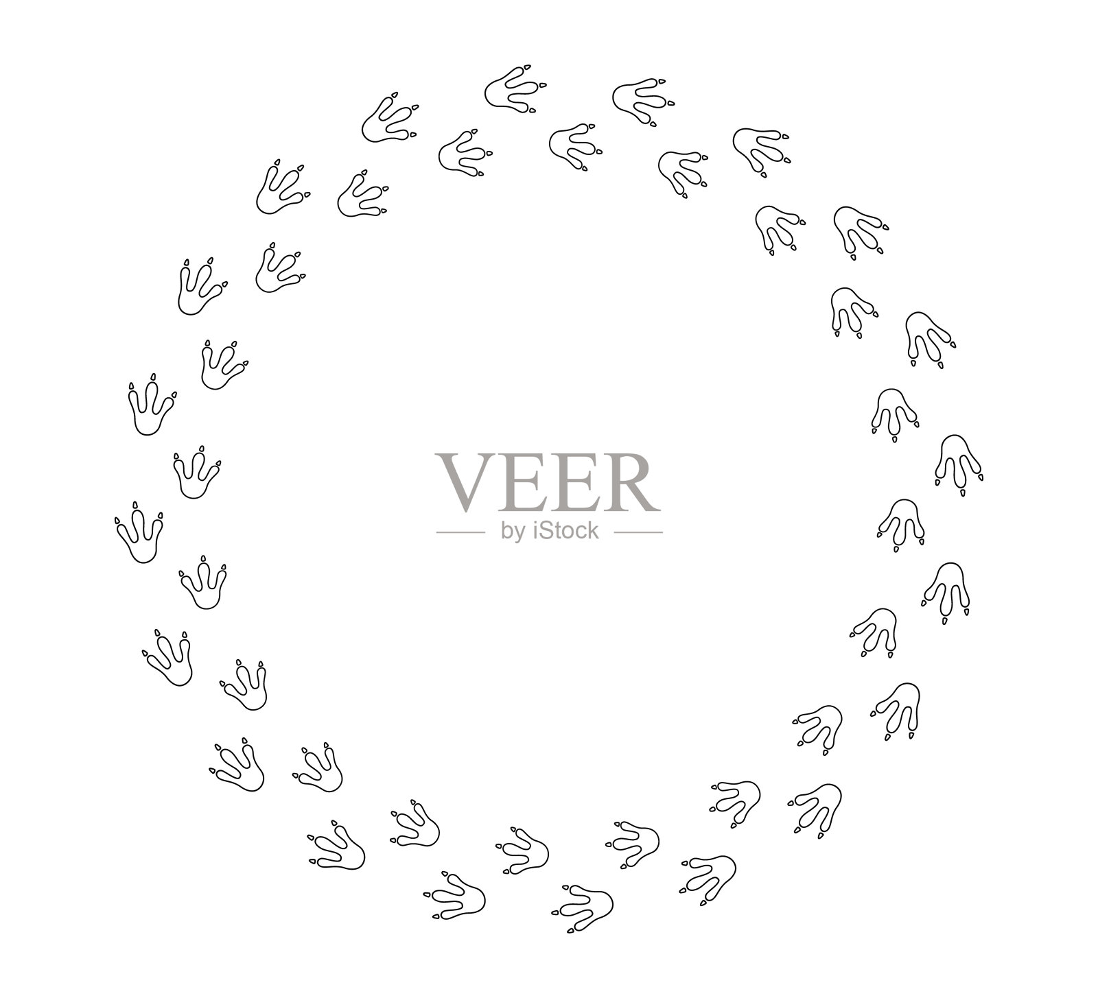 圆形龙脚印框架。手绘圆形恐龙爪印边界。龙脚框架模板。恐龙可爱的轨迹纹理边界。矢量插图隔离在白色背景上插画图片素材