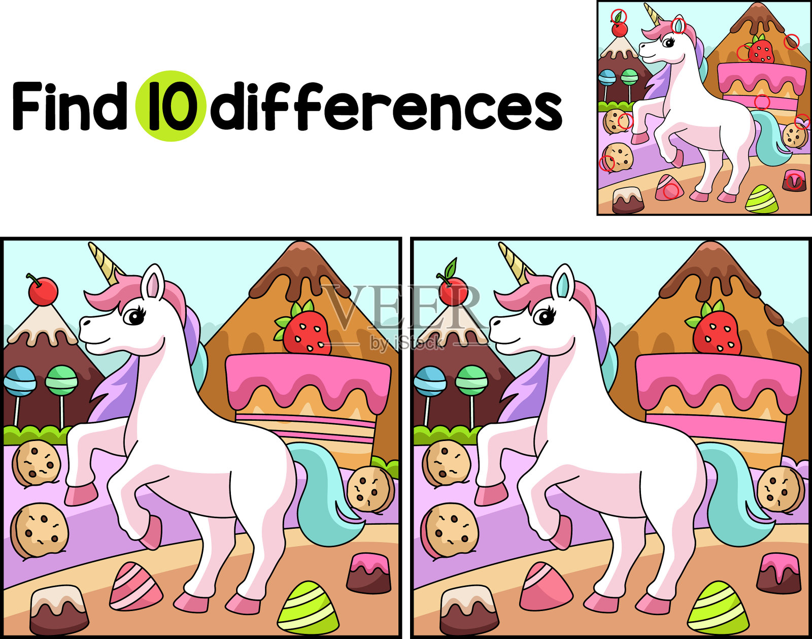 独角兽在糖果乐园发现不同之处插画图片素材