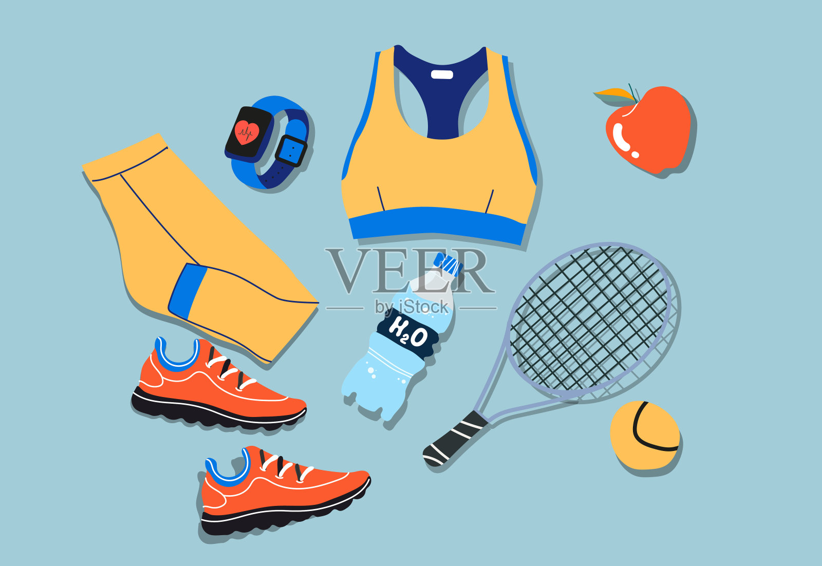 一套女子运动服，网球运动装备。运动服，网球拍，球，健身追踪器，运动鞋，水，苹果，时装，平面素描模板，健身。插画图片素材