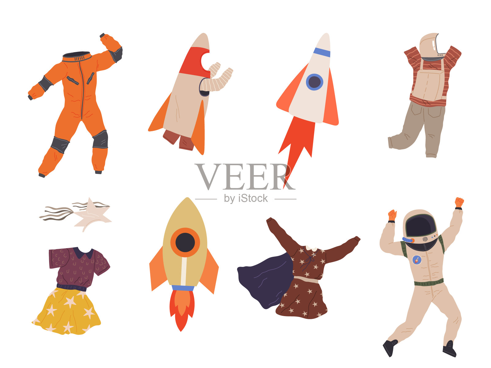 一套有趣的不同的服装，为人们在太空派对。宇航员角色的服装插画图片素材